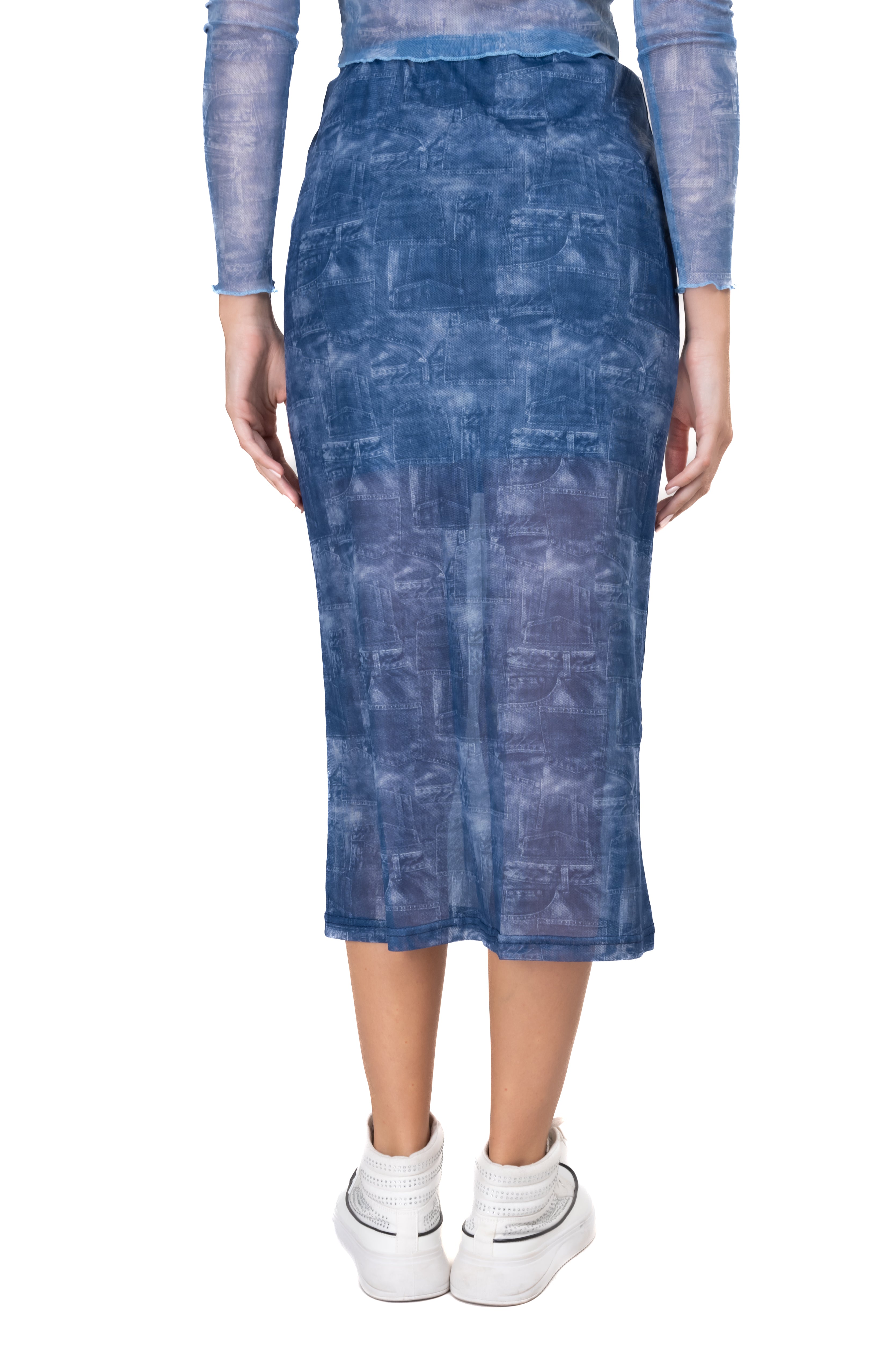 Falda midi mesh denim