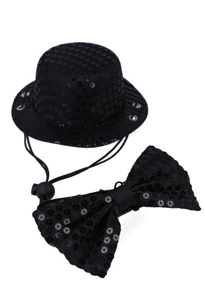 Set sombrero moño lentejuelas mascota NEGRO