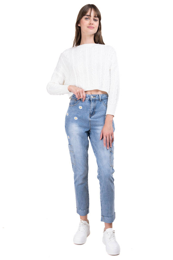 Jeans cargo bordado margaritas