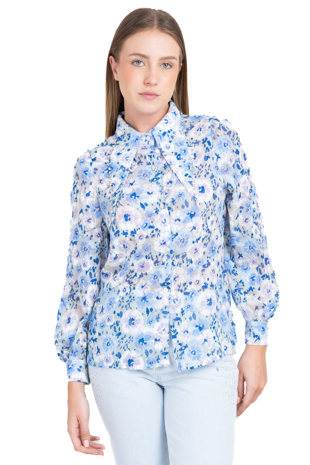 Camisa flores  cuello solapa brillos