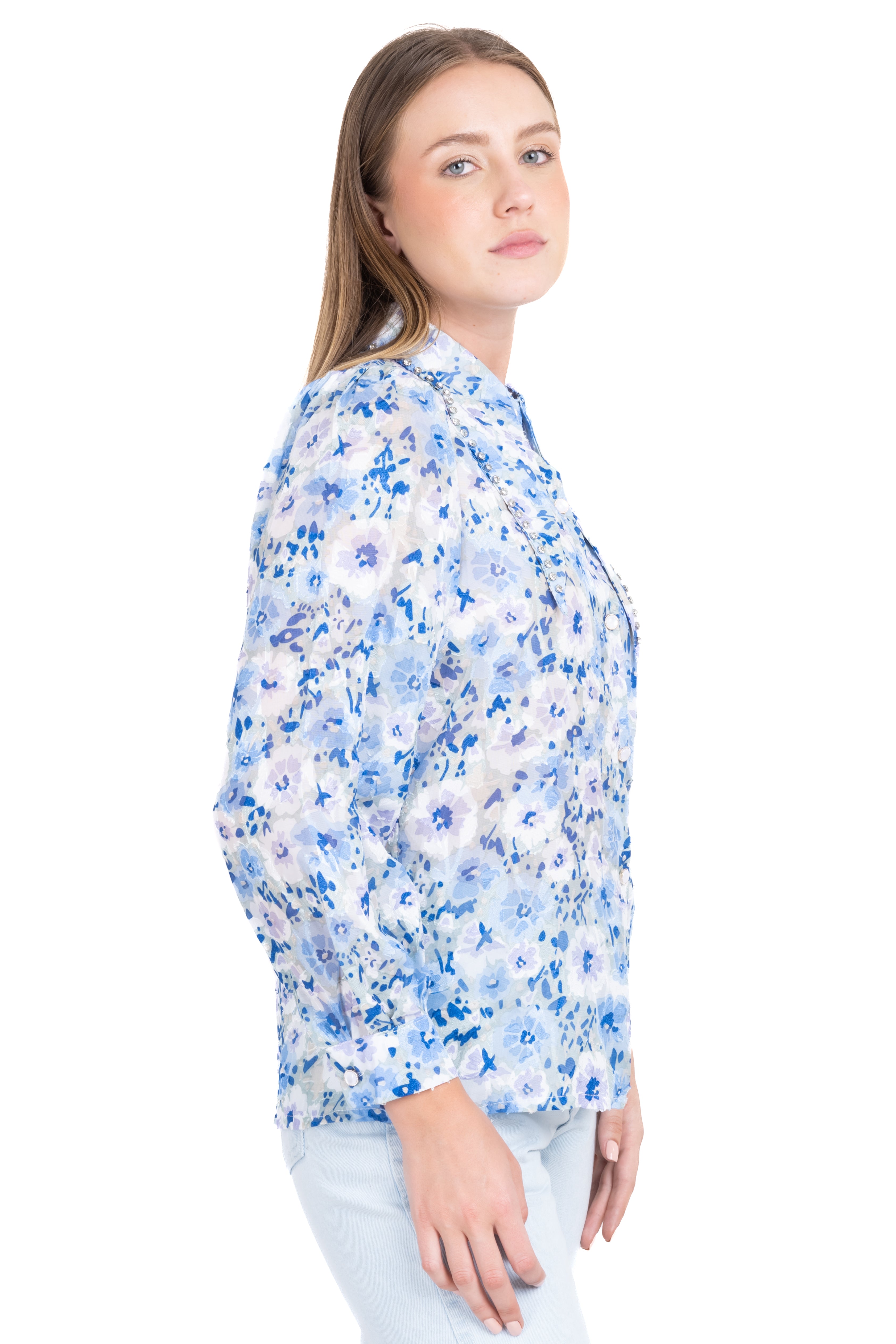 Camisa flores  cuello solapa brillos AZUL COMBO