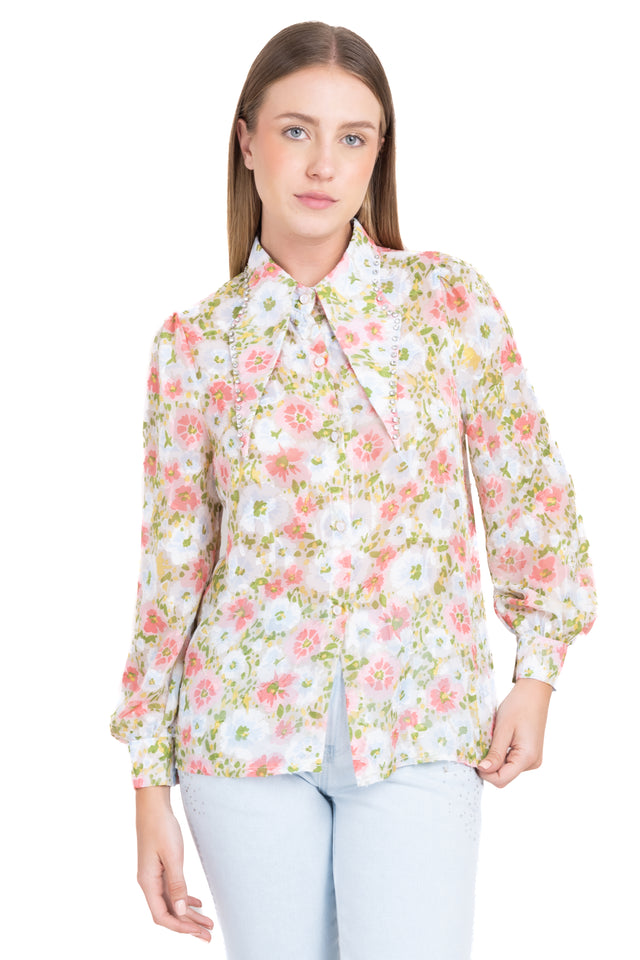 Camisa flores  cuello solapa brillos