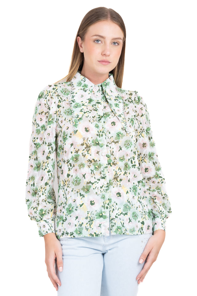 Camisa flores  cuello solapa brillos