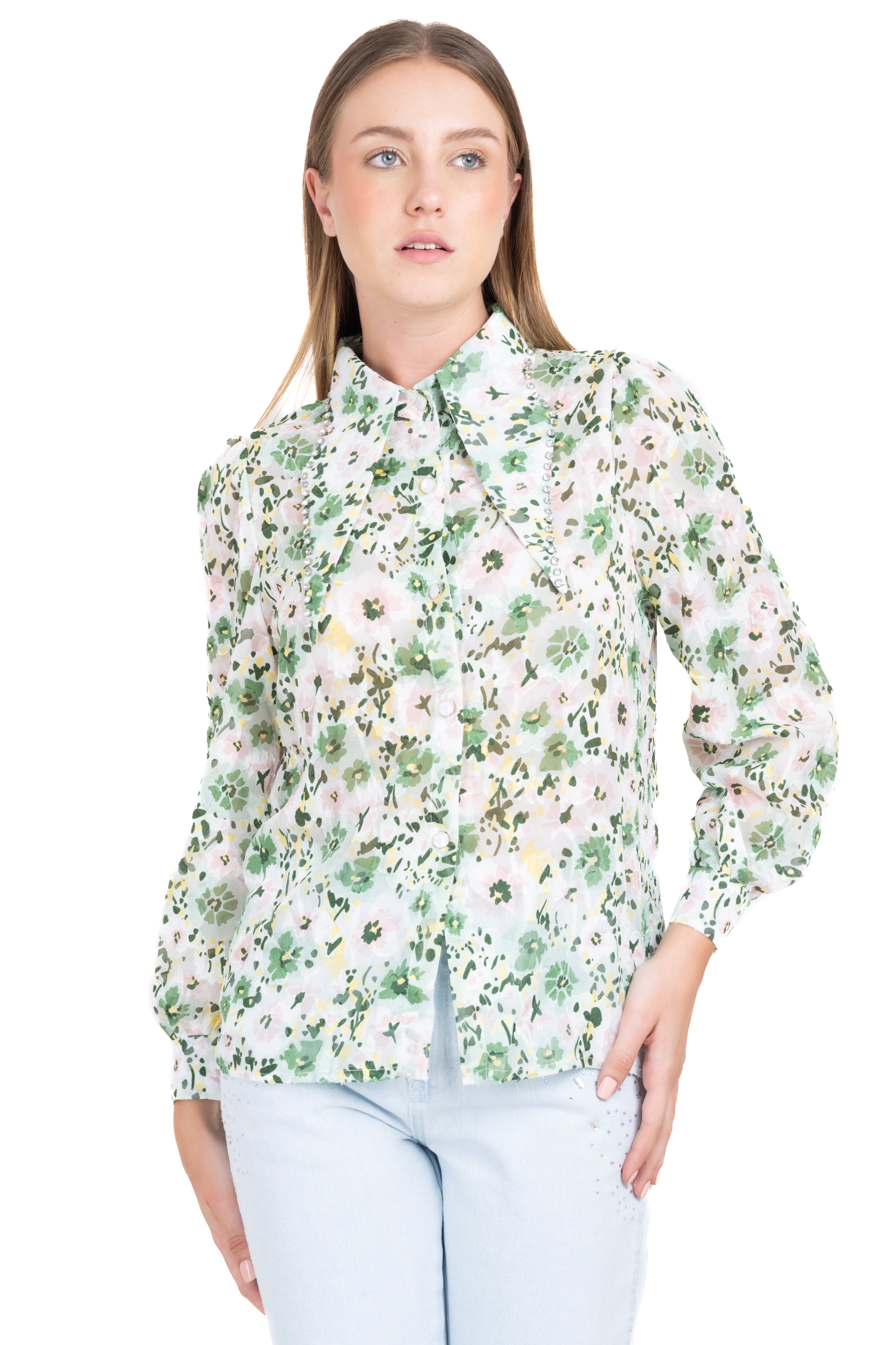 Camisa flores  cuello solapa brillos VERDE COMBO