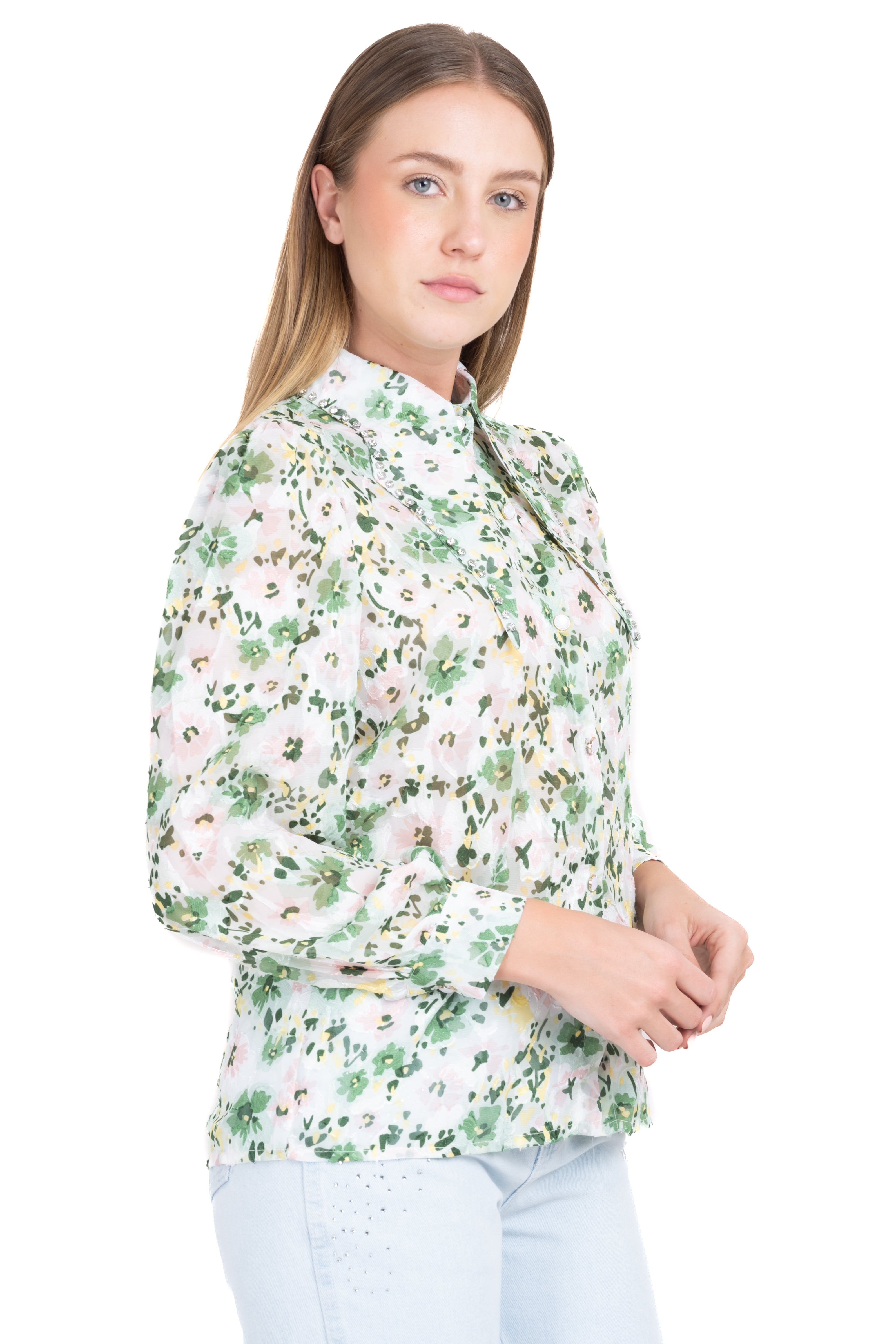 Camisa flores  cuello solapa brillos VERDE COMBO