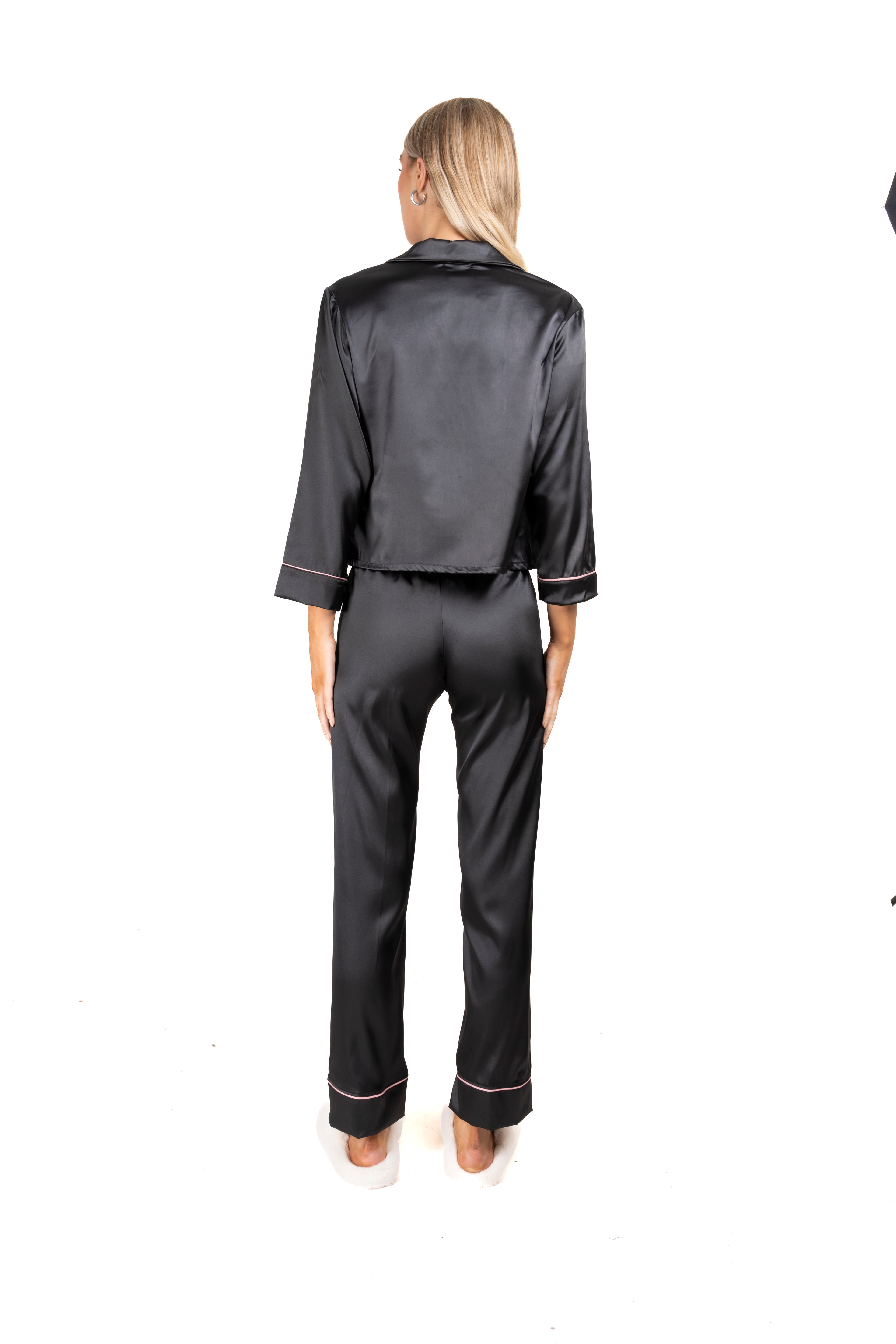 Pijama satinada manga larga botones NEGRO