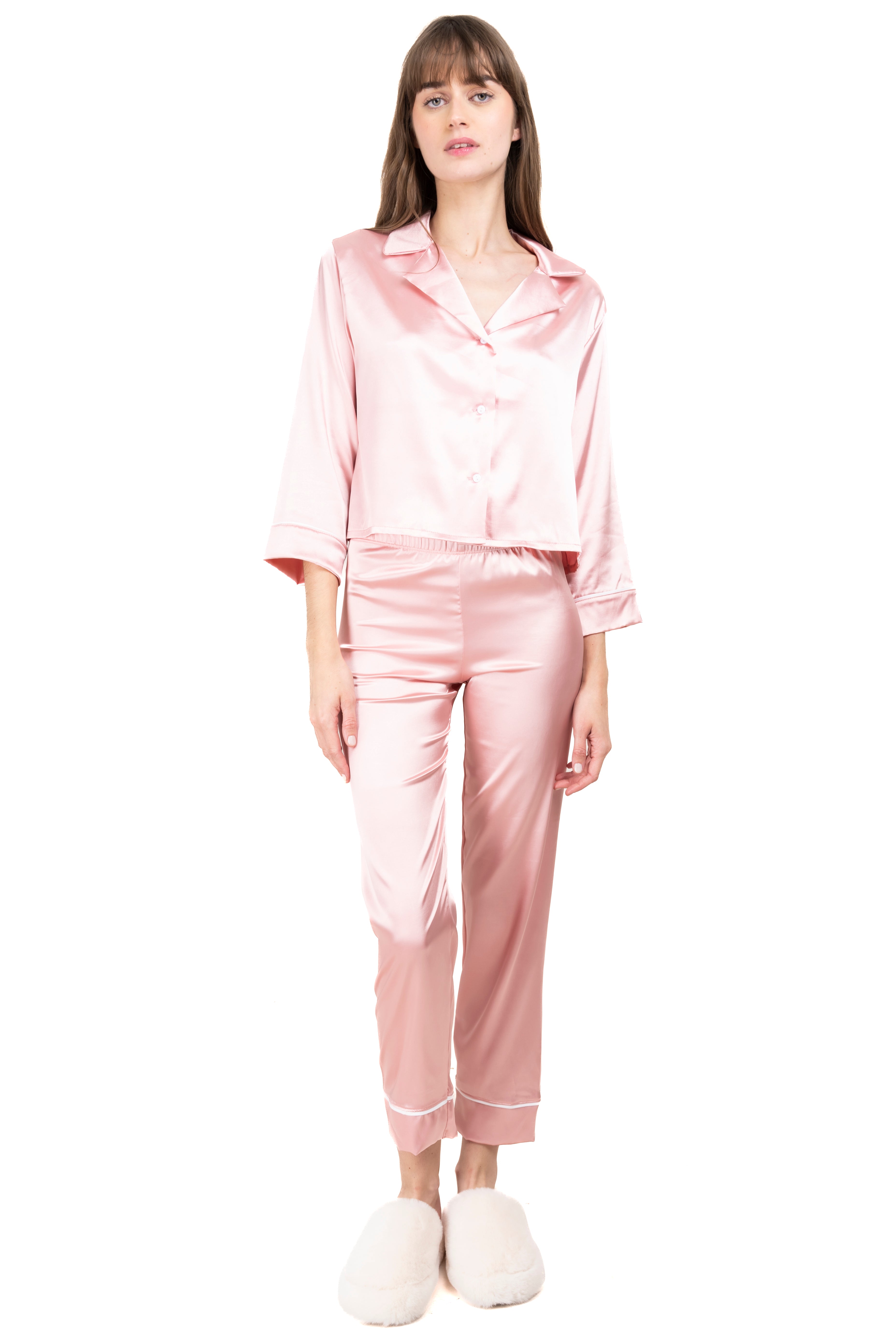 Pijama satinada manga larga botones PALO DE ROSA