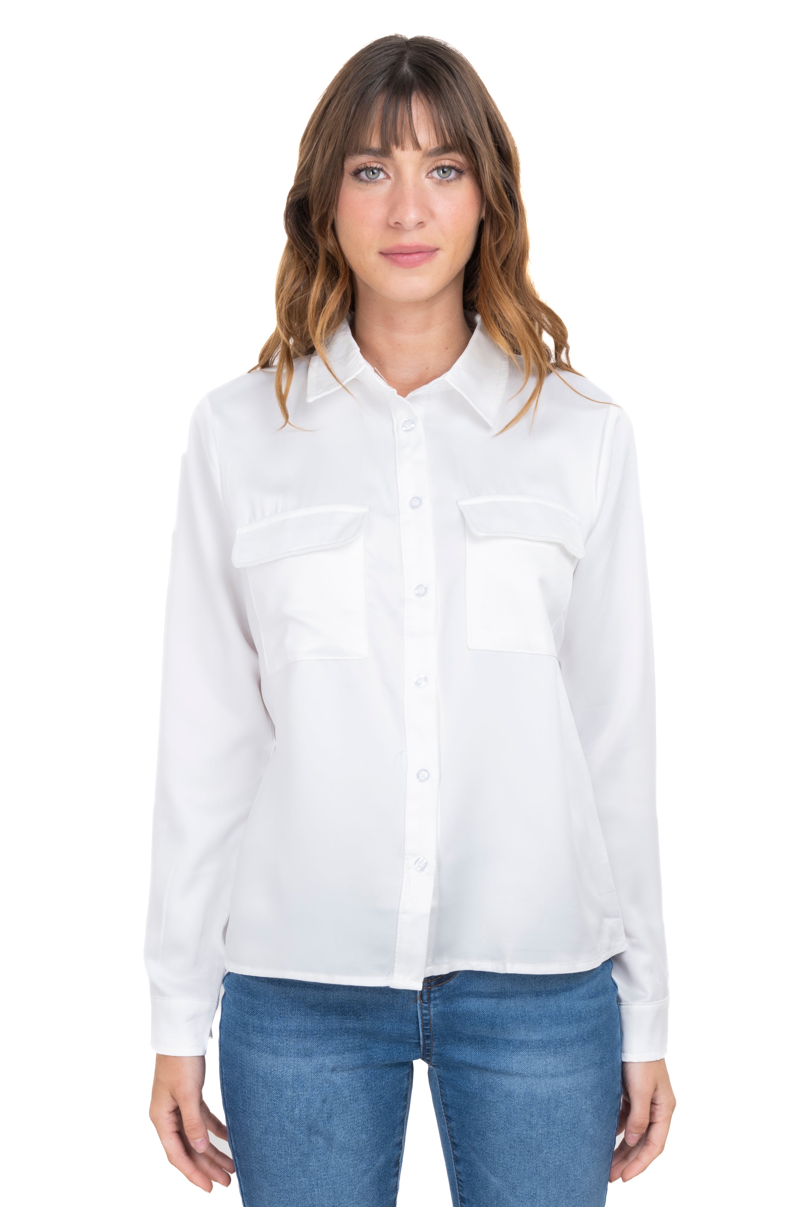 Camisa satinada bolsillos solapa BLANCO