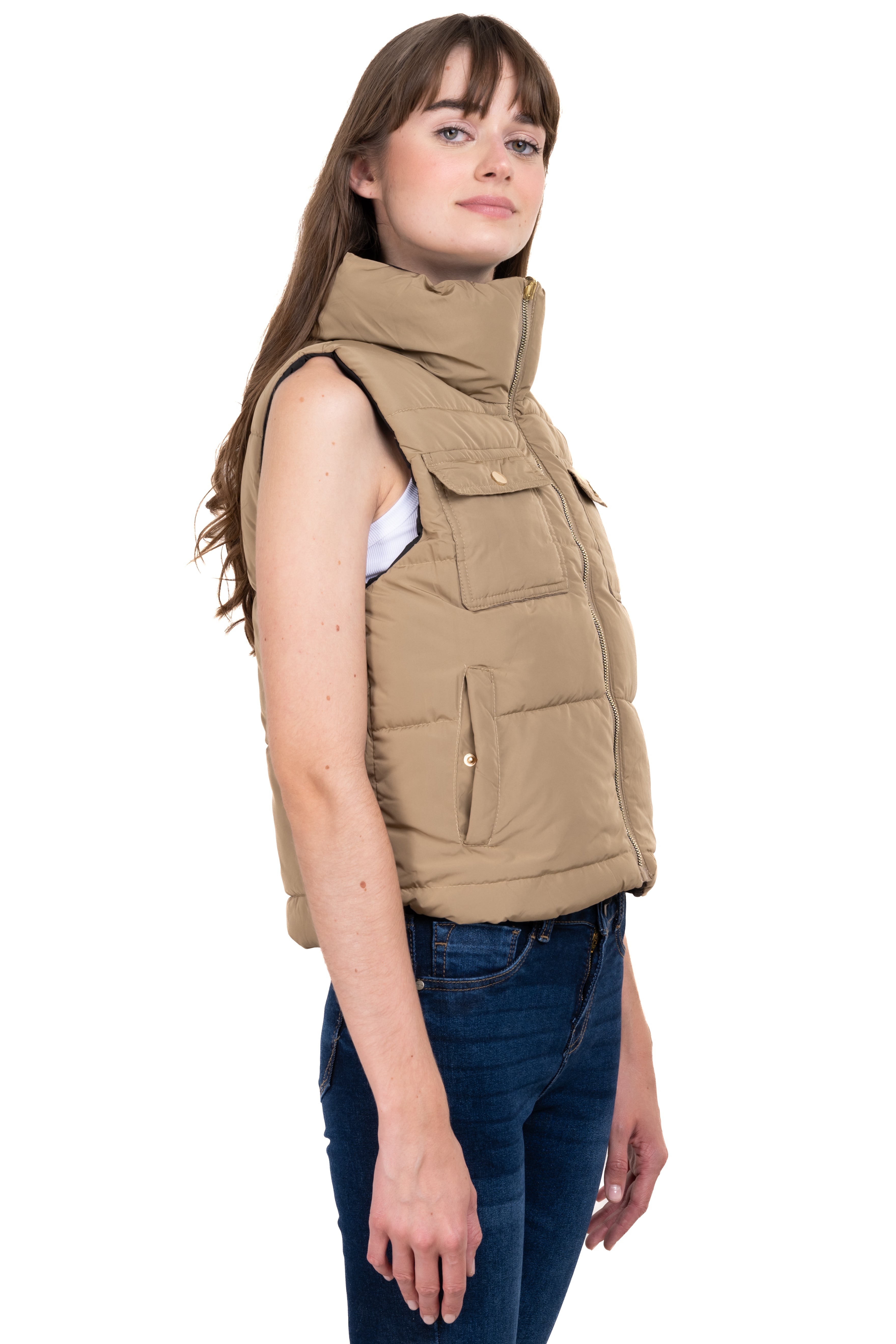Chaleco capitonado bolsillos cuello alto BEIGE