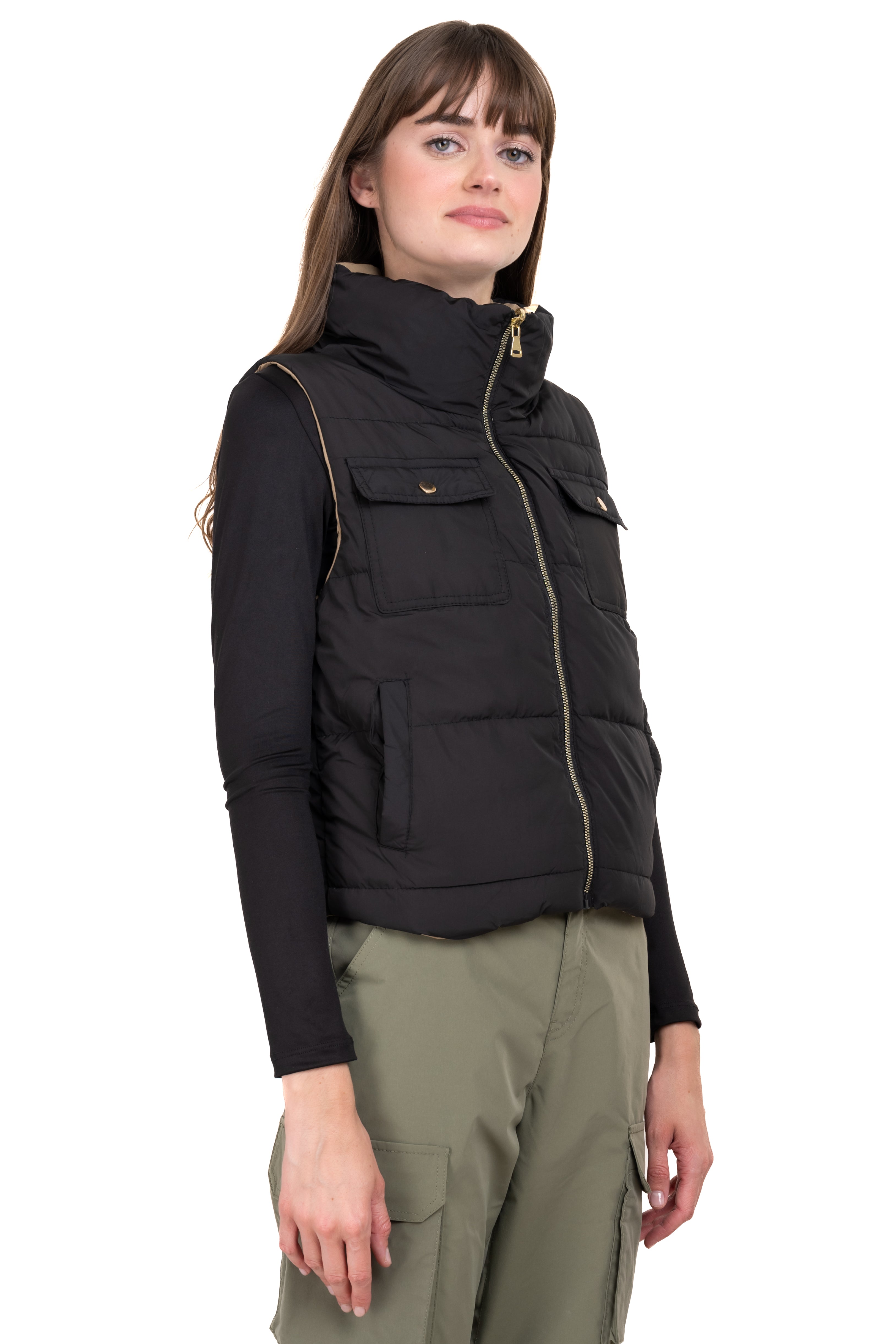 Chaleco capitonado bolsillos cuello alto NEGRO