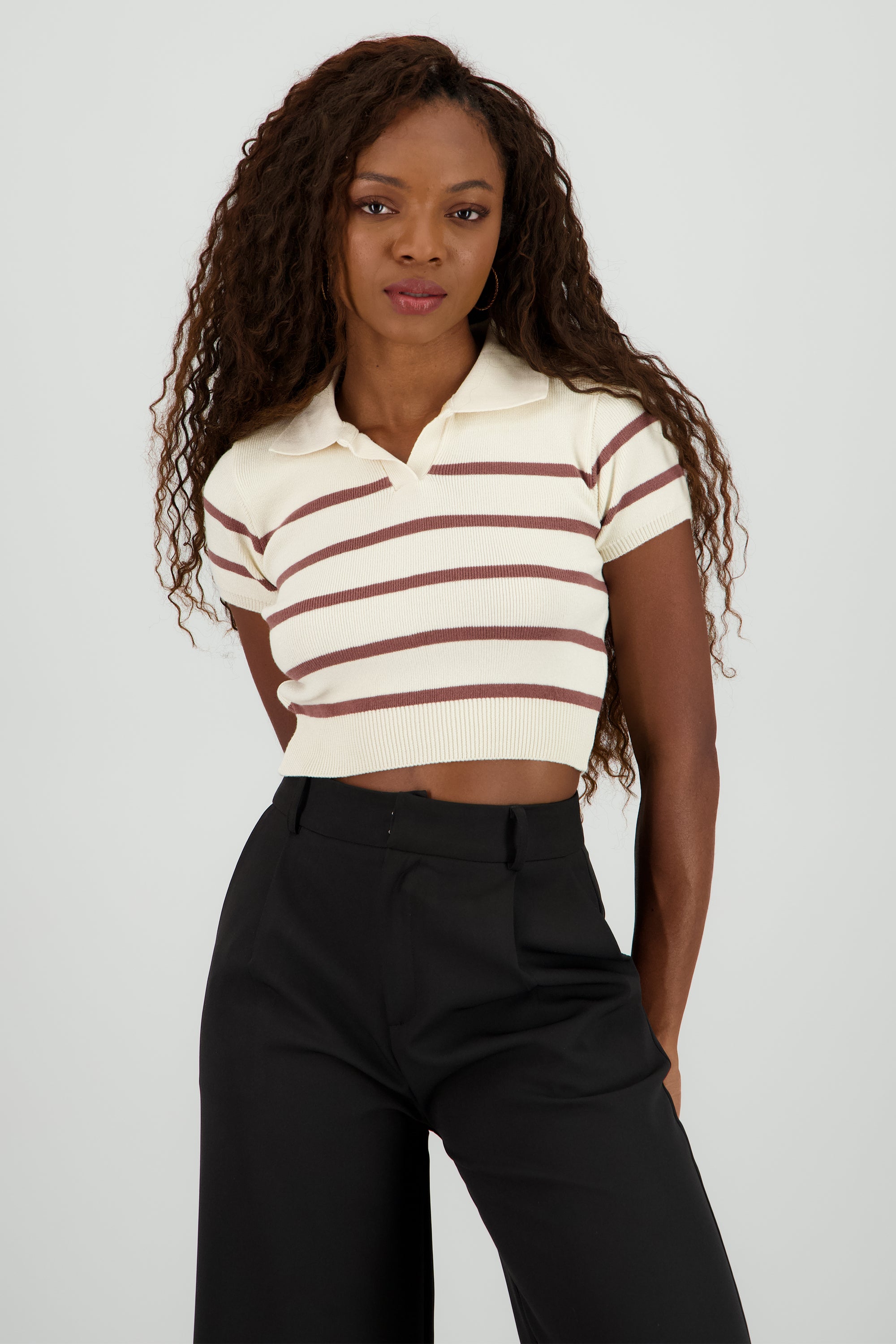 Top tejido cuello polo rayas TAUPE
