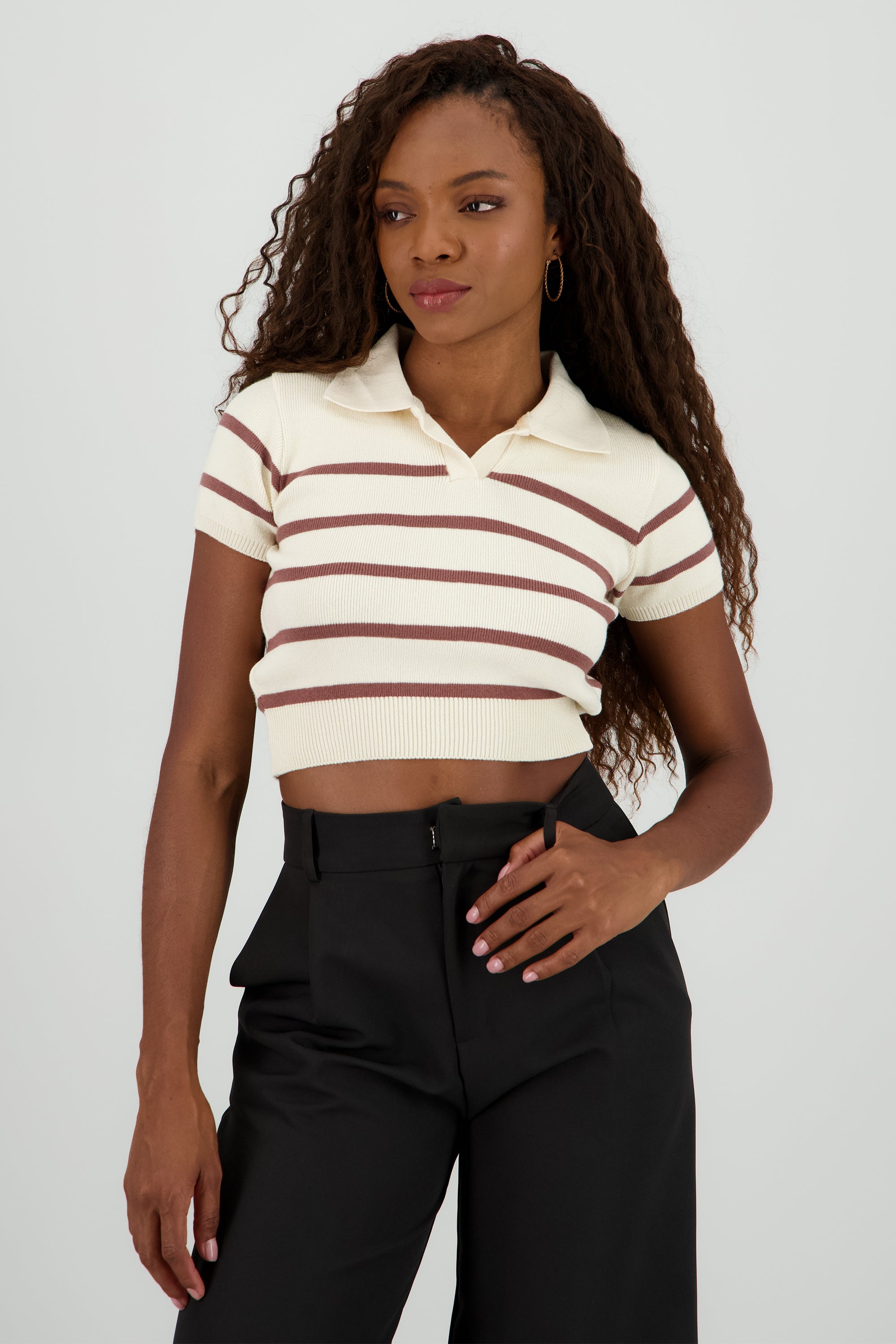 Top tejido cuello polo rayas TAUPE