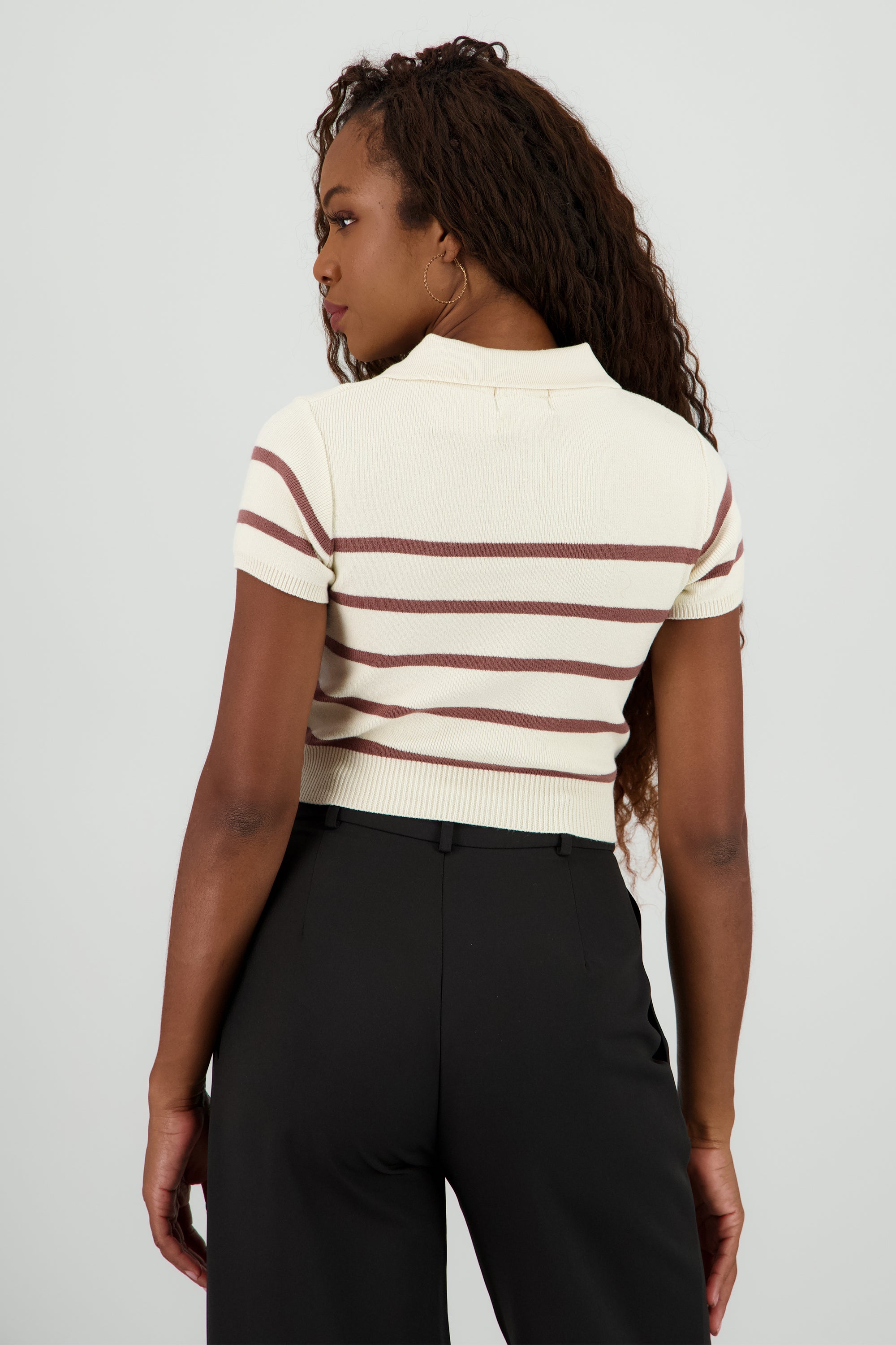 Top tejido cuello polo rayas TAUPE