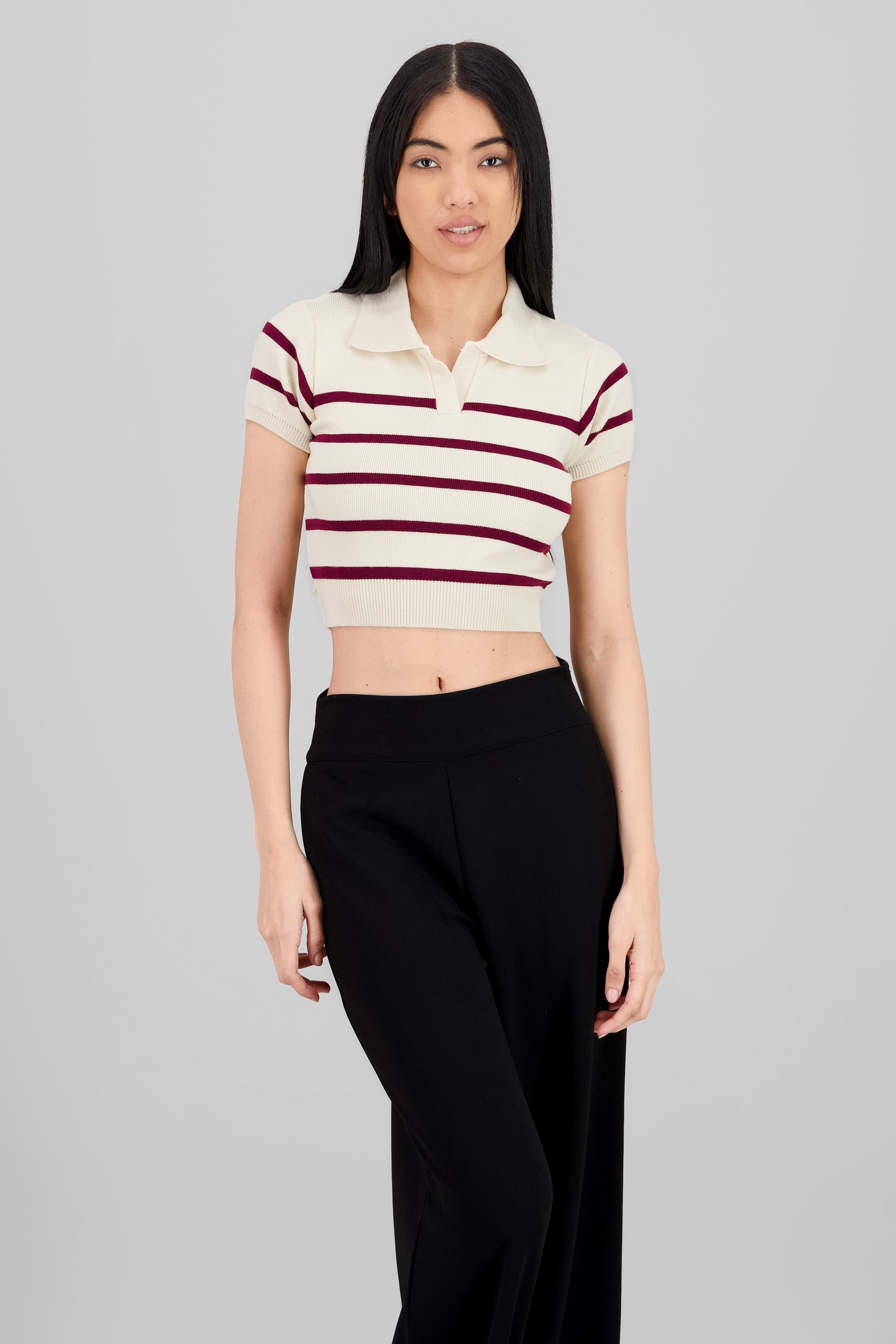 Top tejido cuello polo rayas VINO