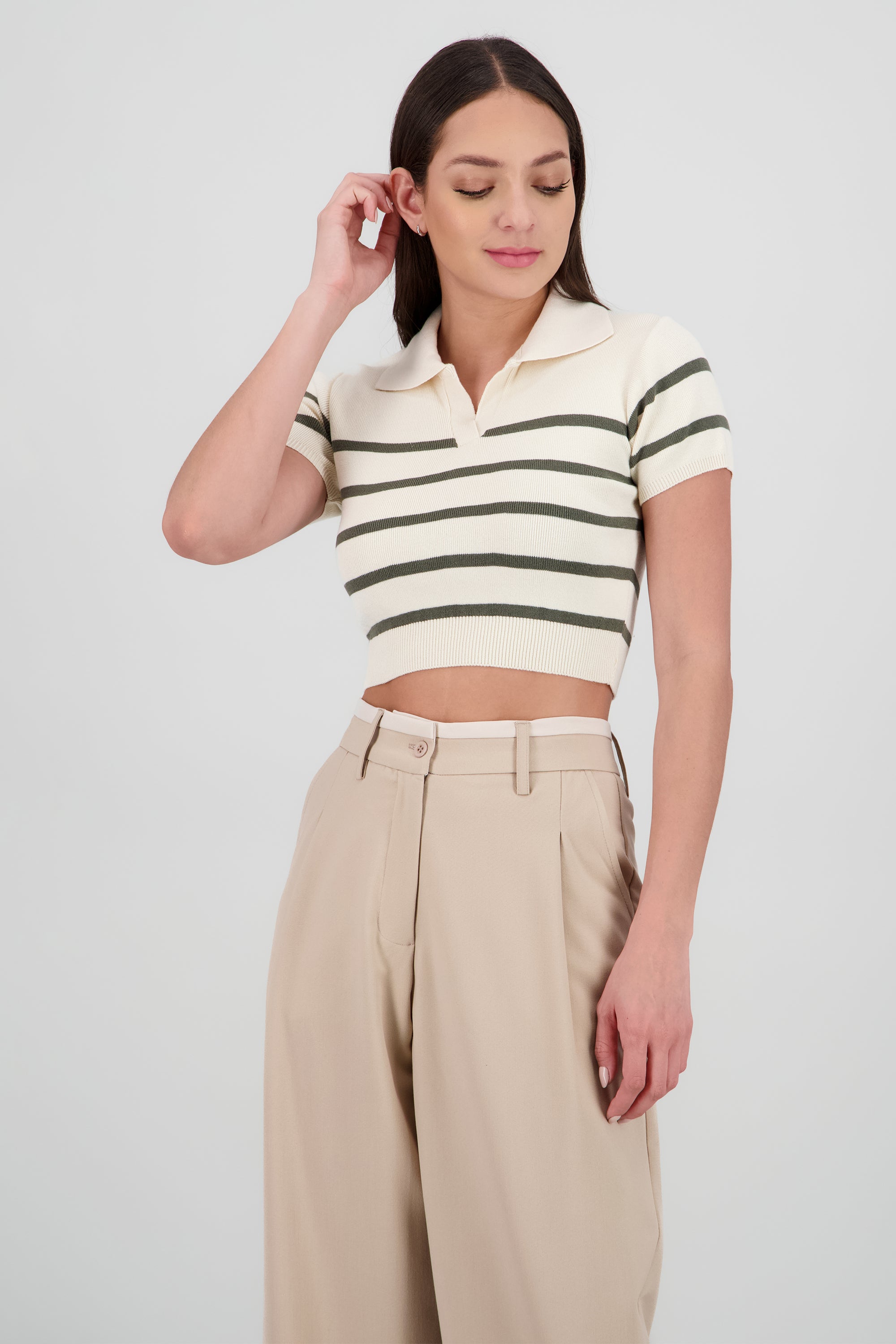 Top tejido cuello polo rayas OLIVO COMBO
