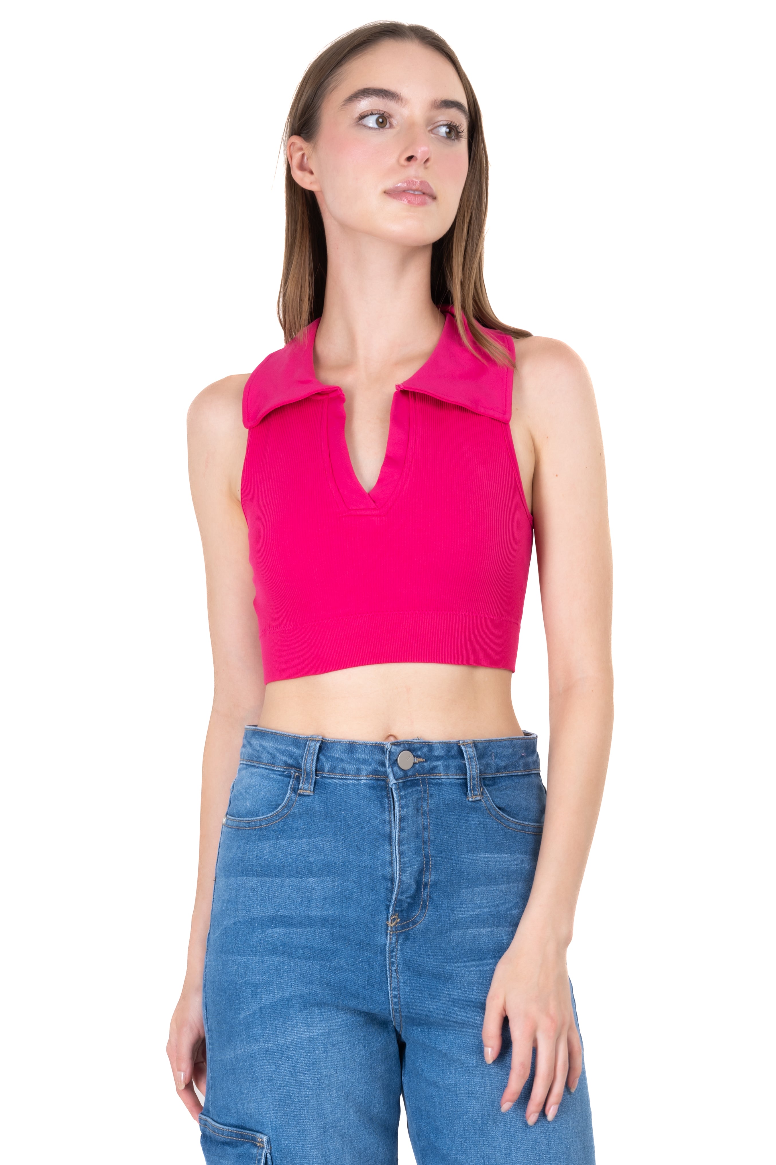 Top tank cuello polo rib ROSA