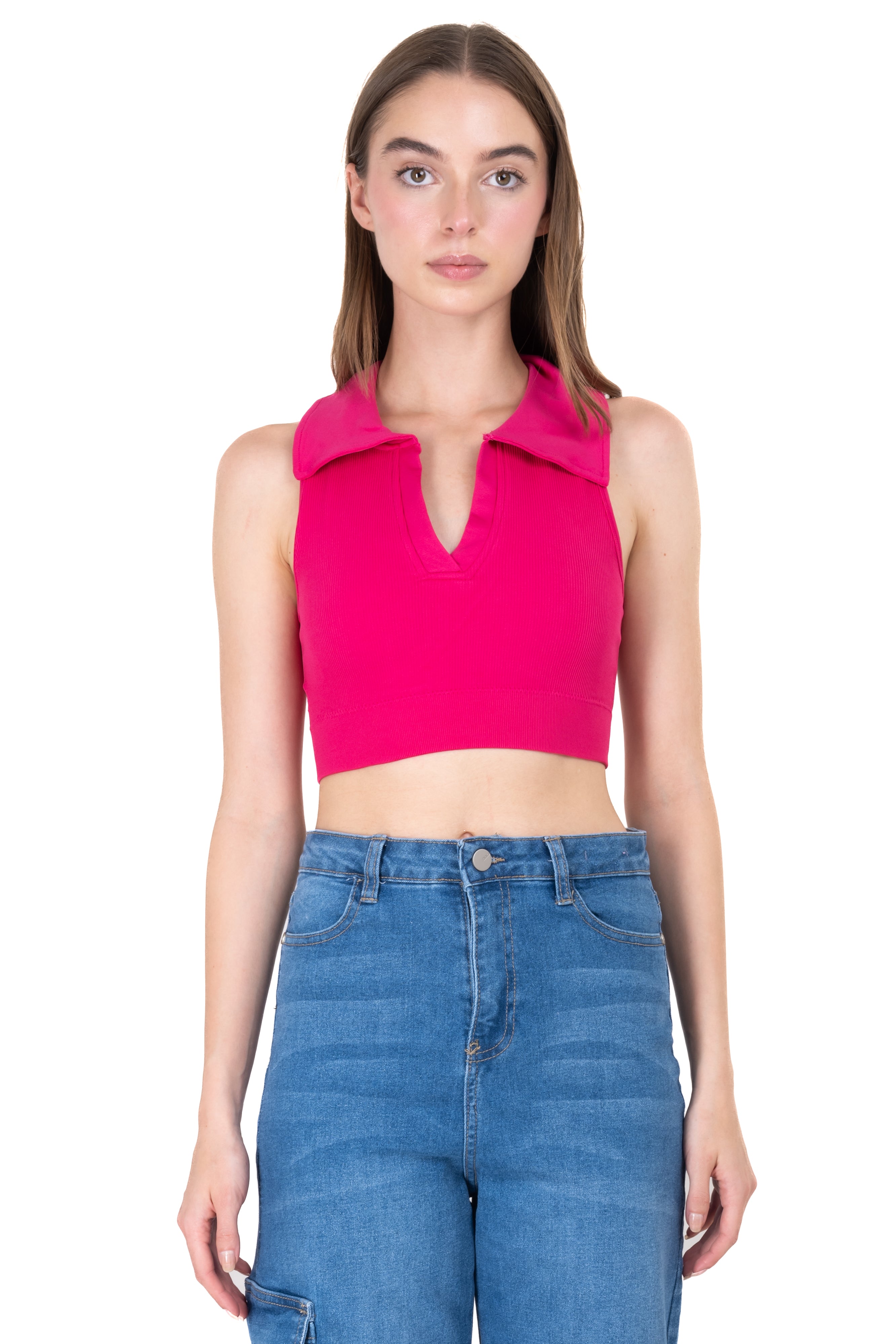 Top tank cuello polo rib ROSA