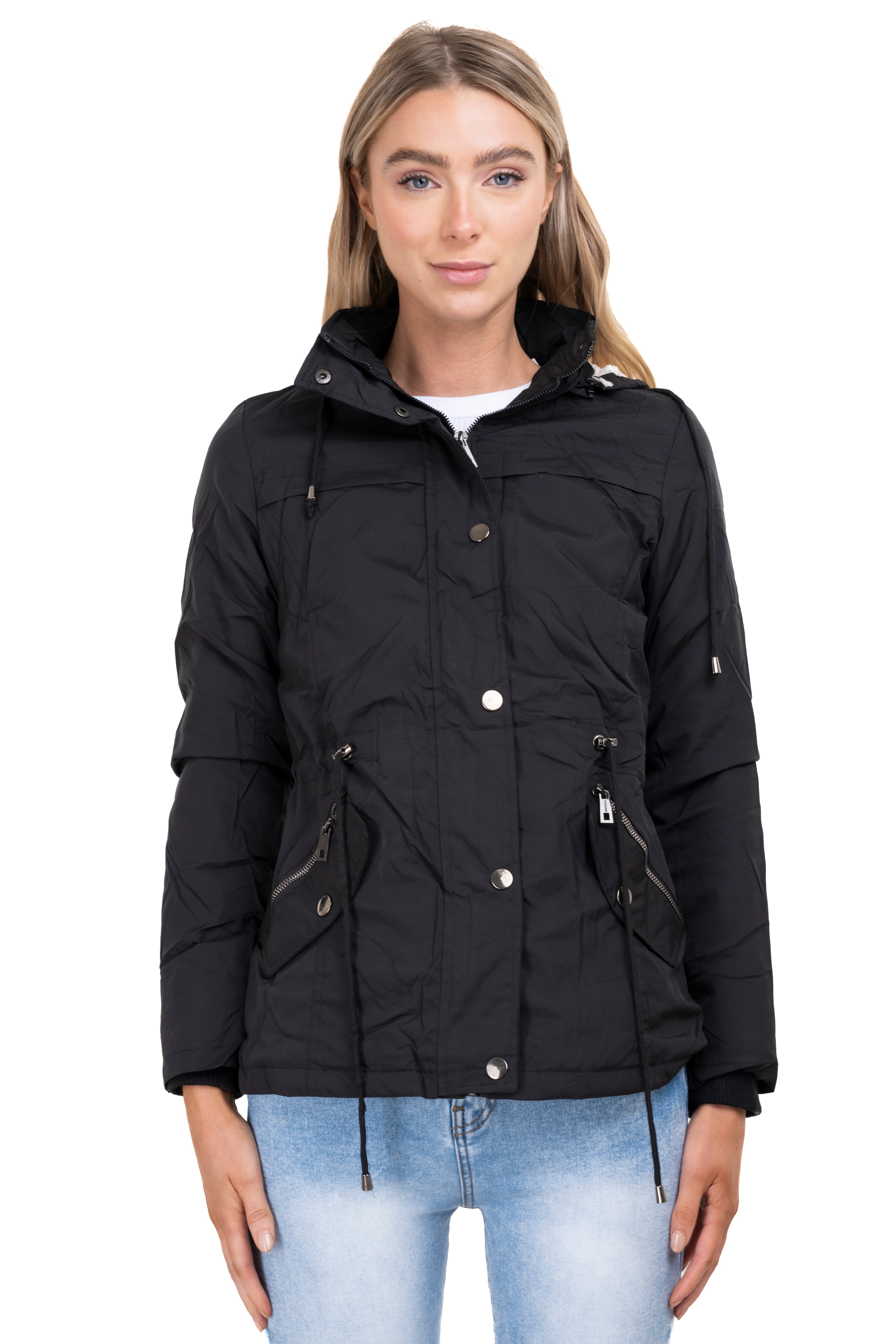 Gabardina bolsillos capucha sherpa NEGRO