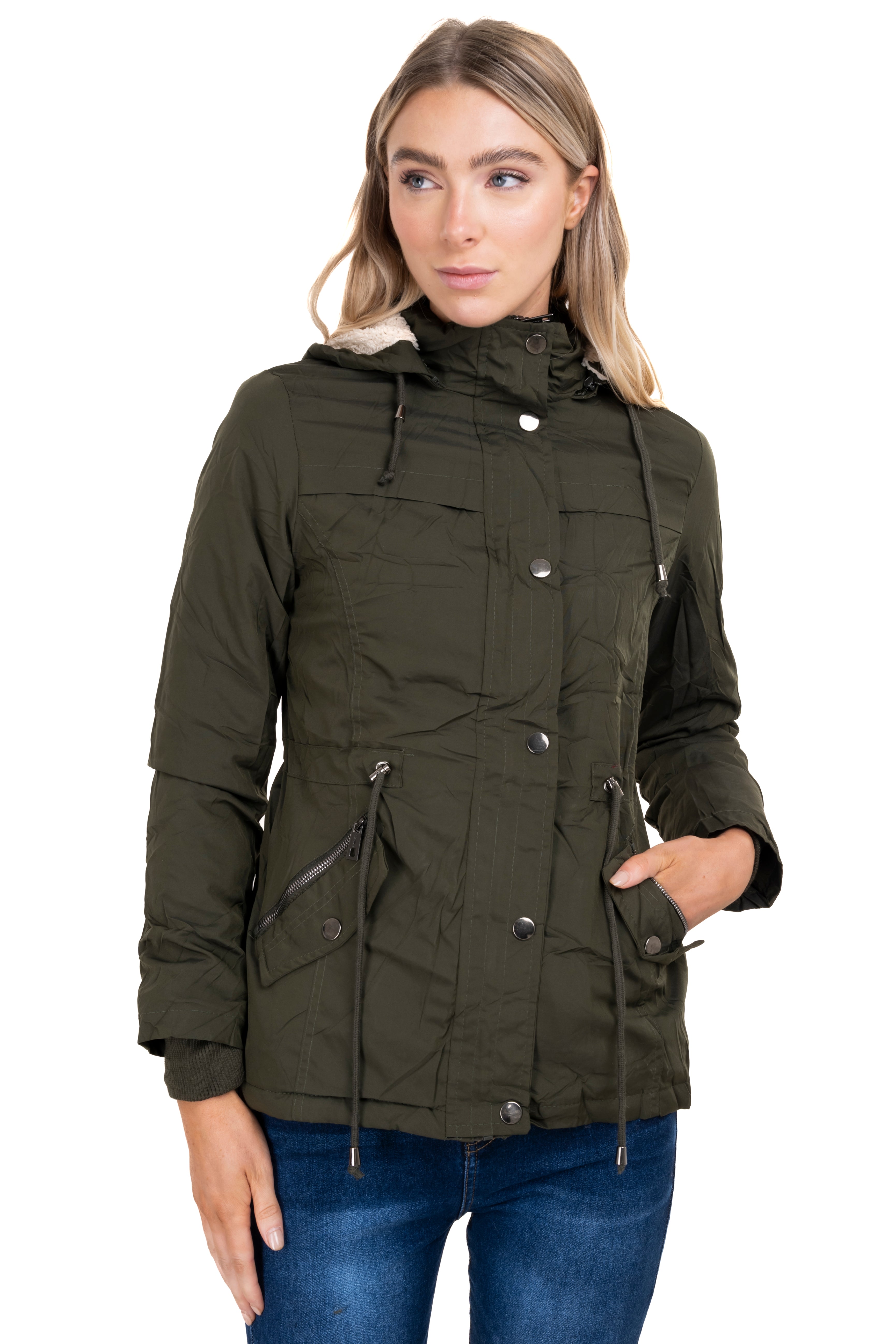 Gabardina bolsillos capucha sherpa VERDE