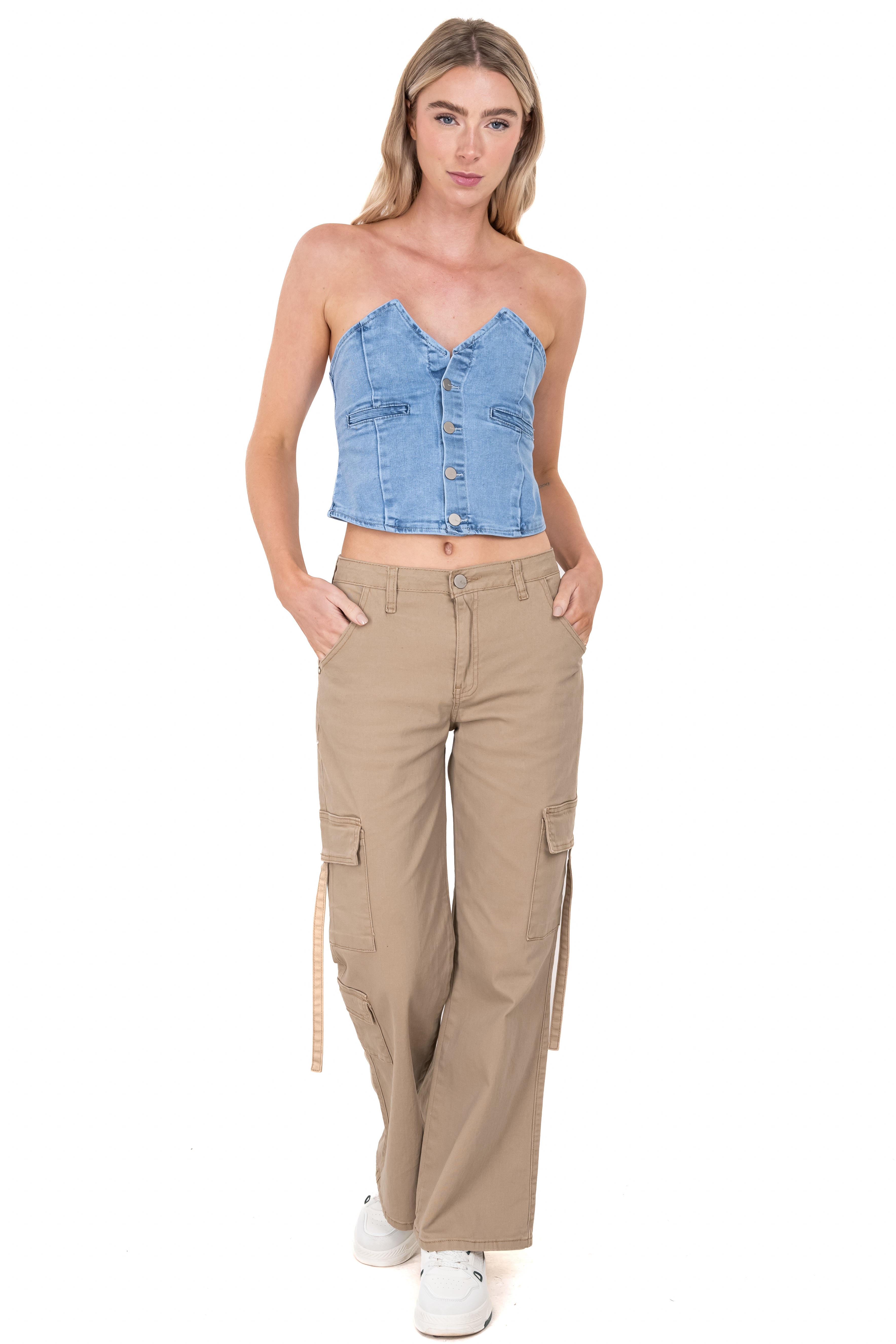 Jeans cargo bolsillos cintas KHAKI