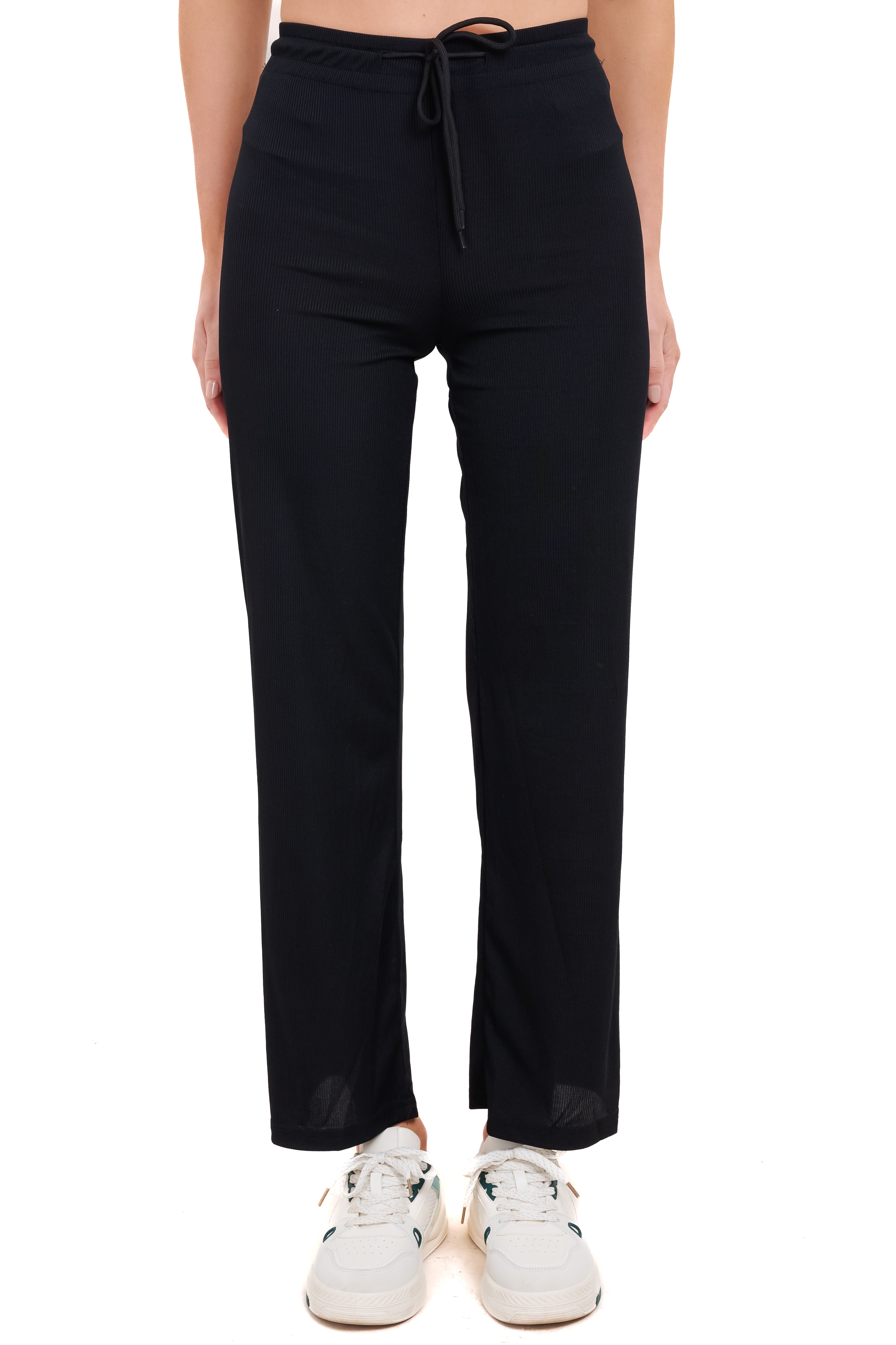 Pantalón wide leg acanalado jareta NEGRO