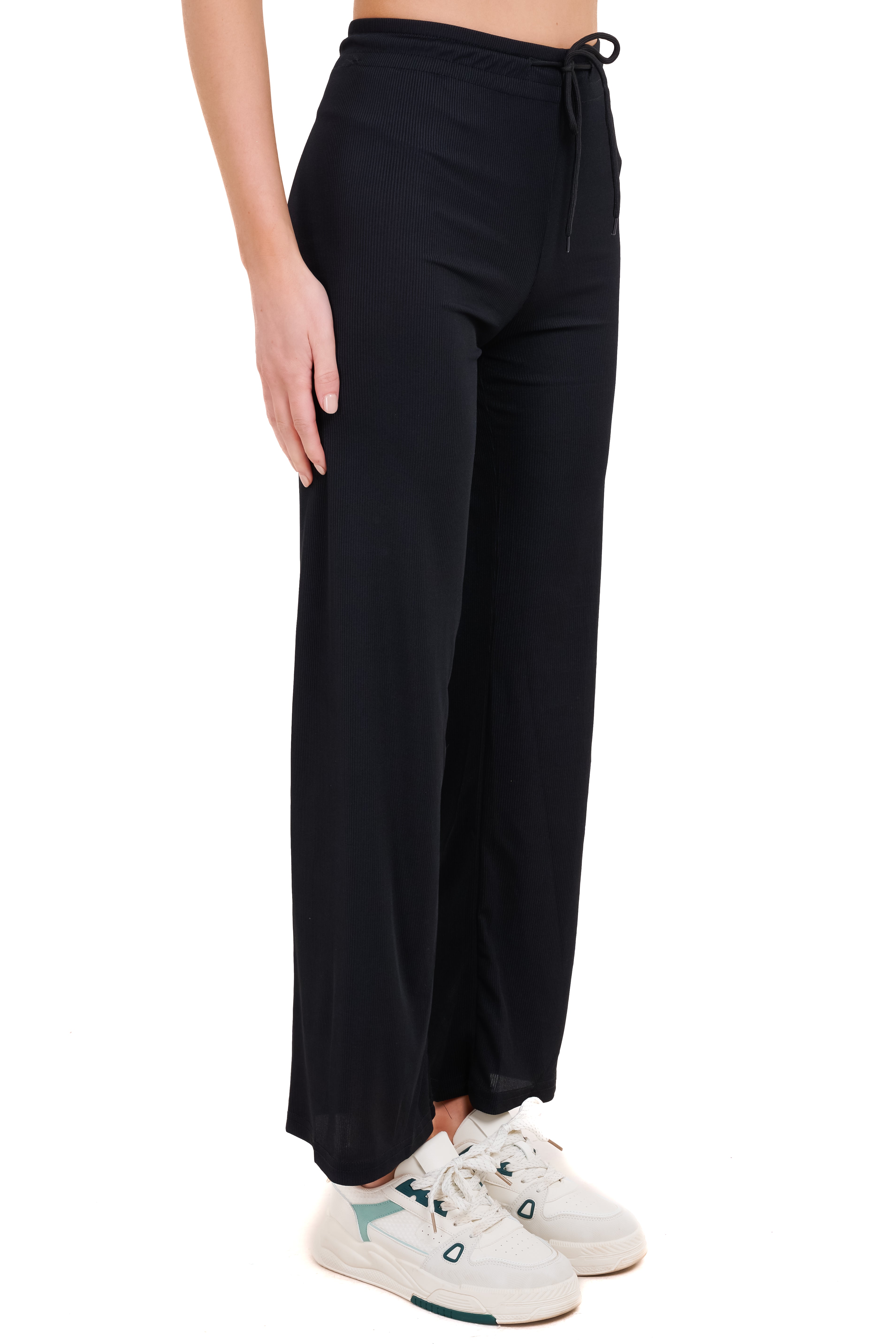 Pantalón wide leg acanalado jareta NEGRO