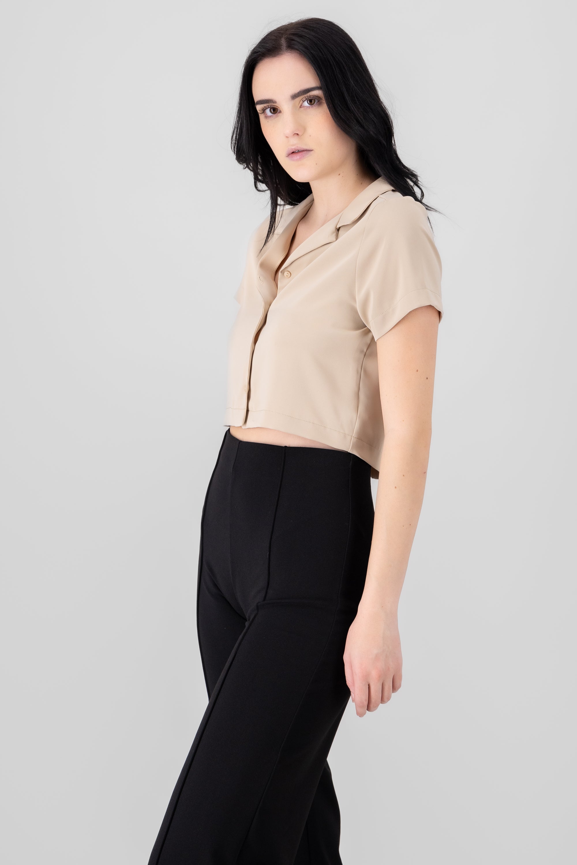 Camisa Crop Amplia Manga Corta BEIGE