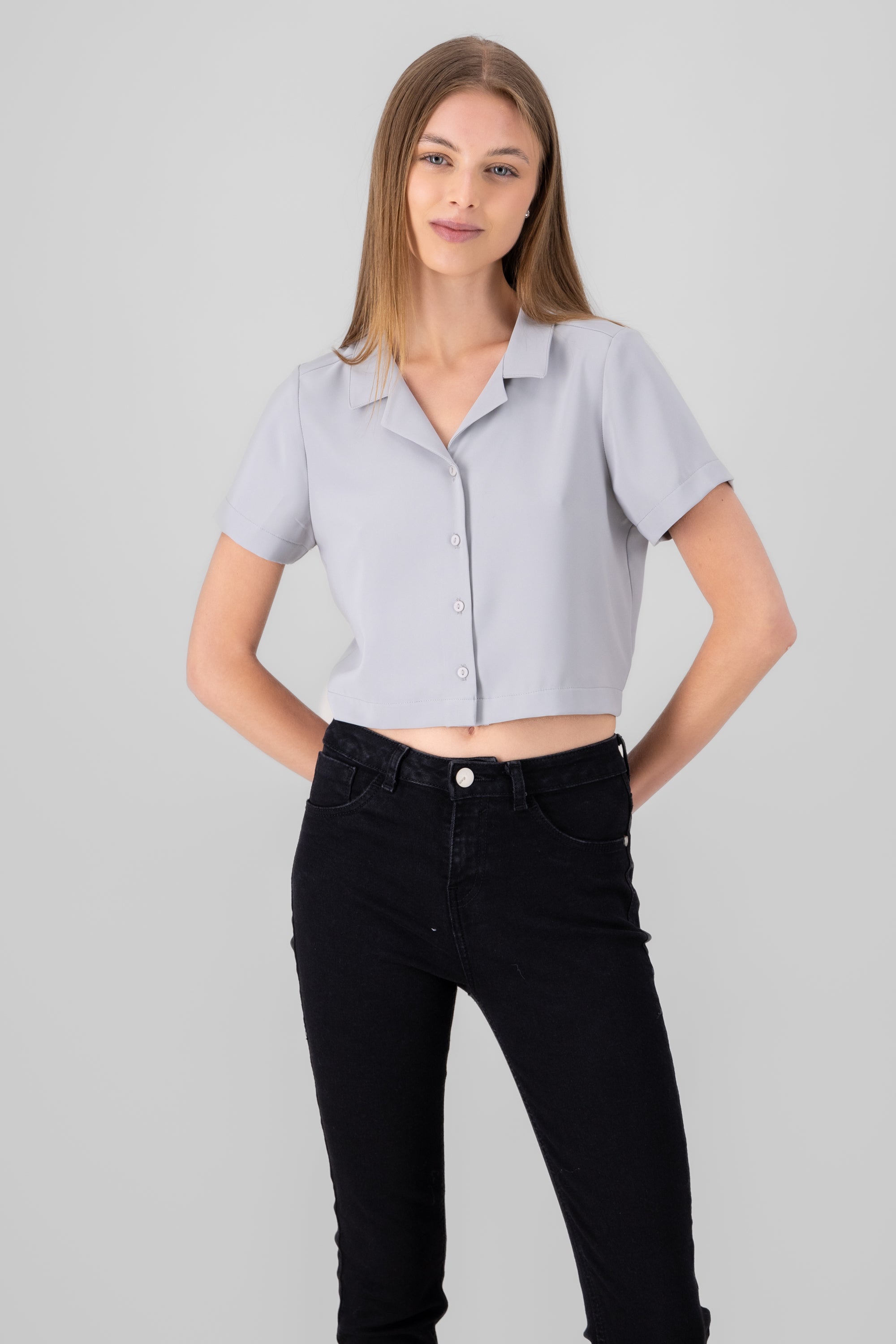 Camisa Crop Amplia Manga Corta GRIS CLARO