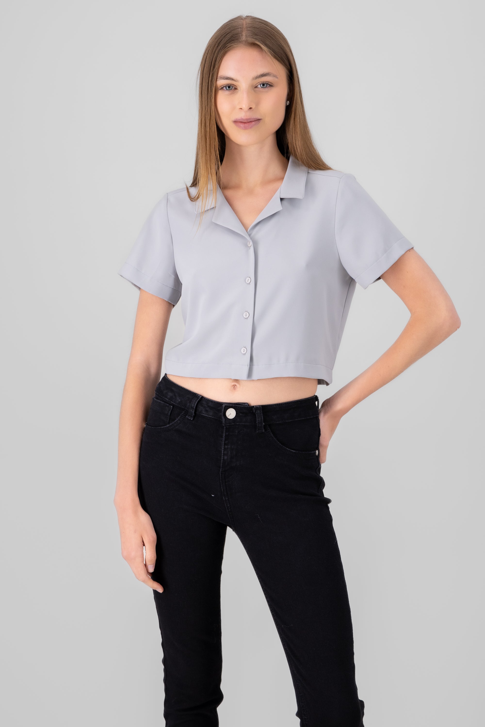 Camisa Crop Amplia Manga Corta GRIS CLARO