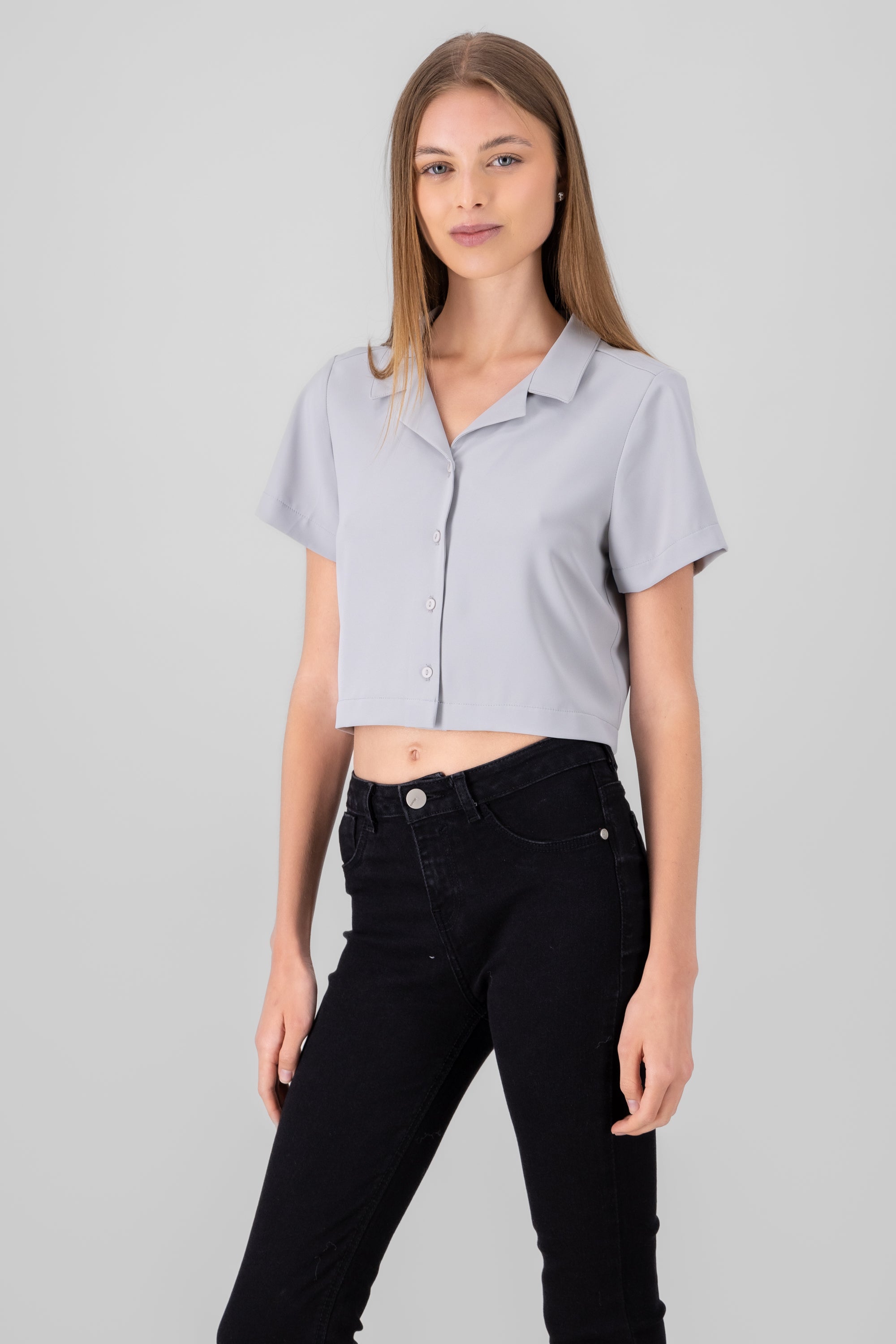 Camisa Crop Amplia Manga Corta GRIS CLARO