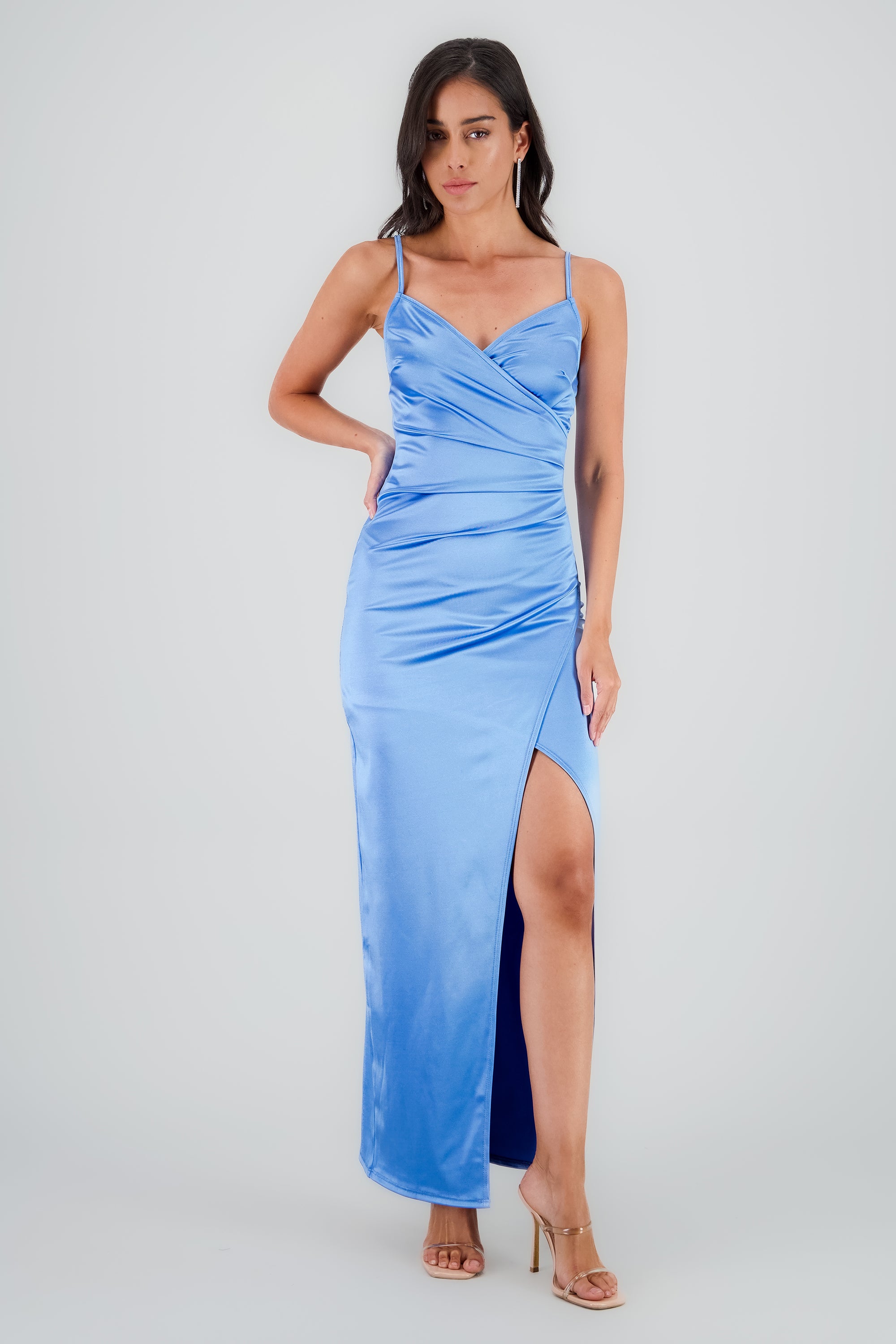 Vestido Maxi Satín Escote Cruzado AZUL