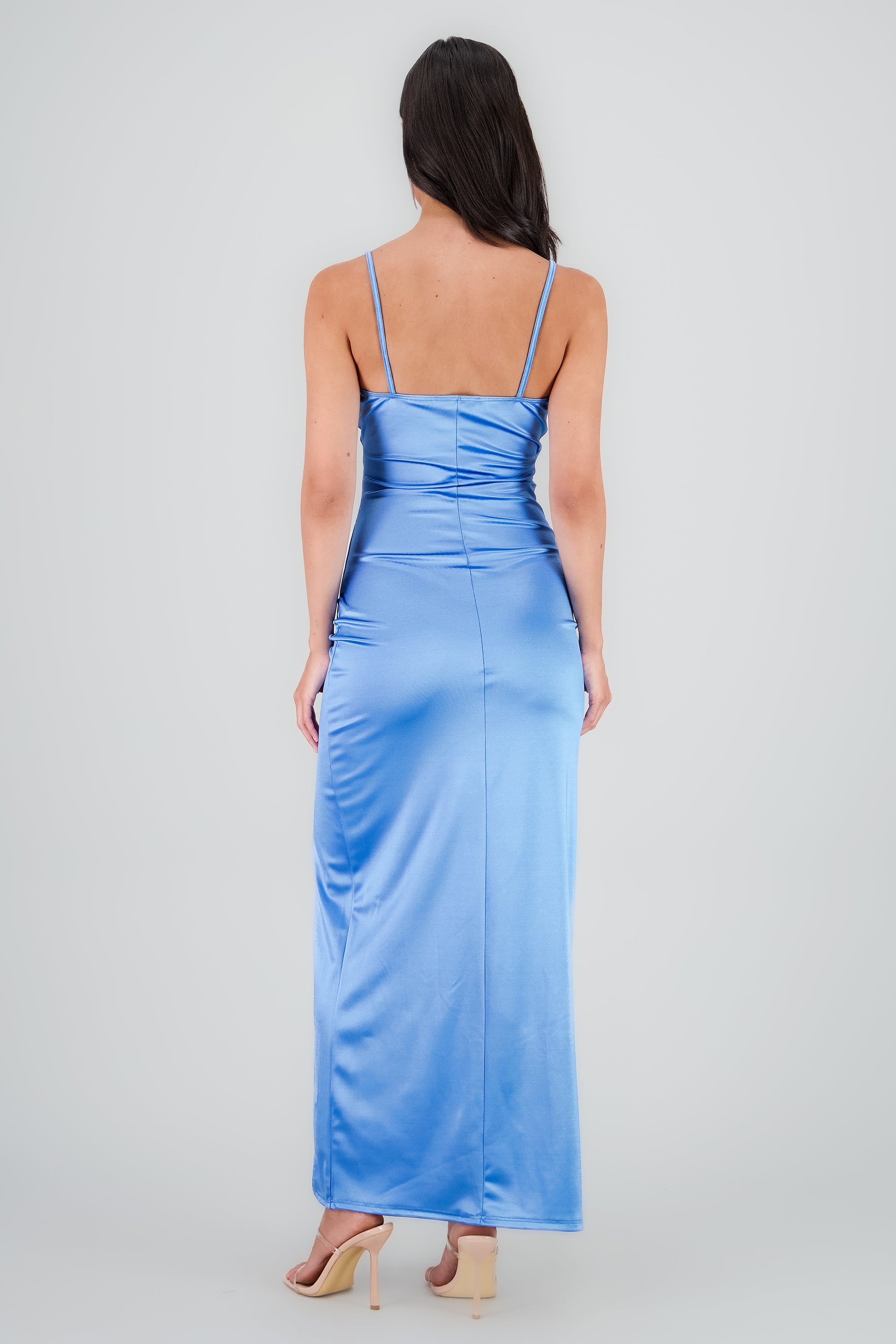 Vestido Maxi Satín Escote Cruzado AZUL