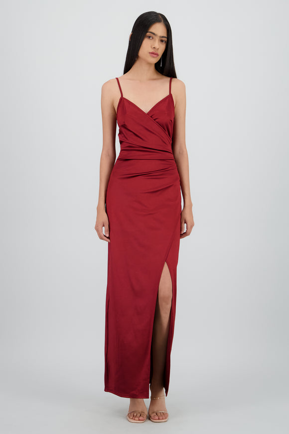 Vestido Maxi Satín Escote Cruzado