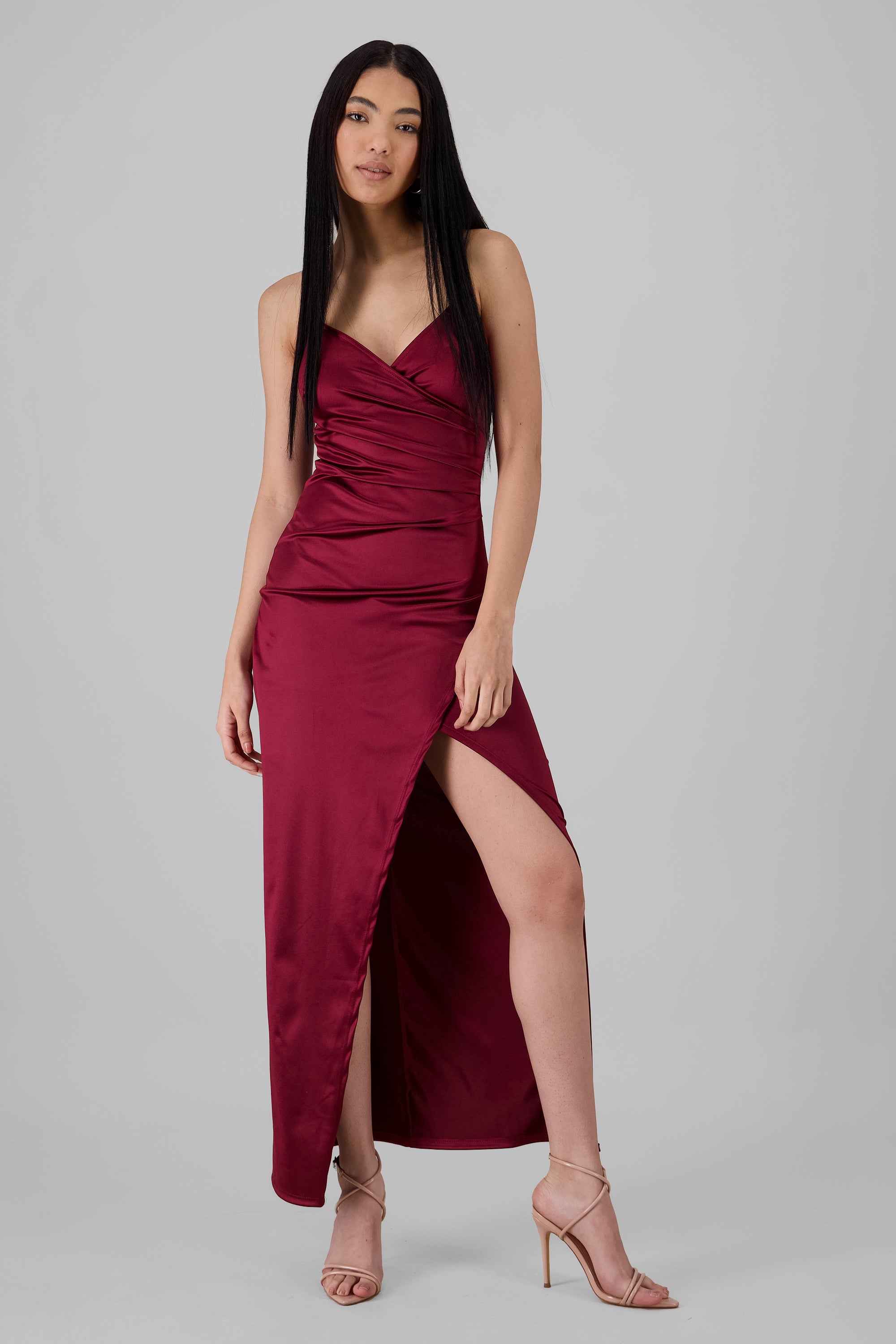 Vestido Maxi Satín Escote Cruzado ROJO QUEMADO