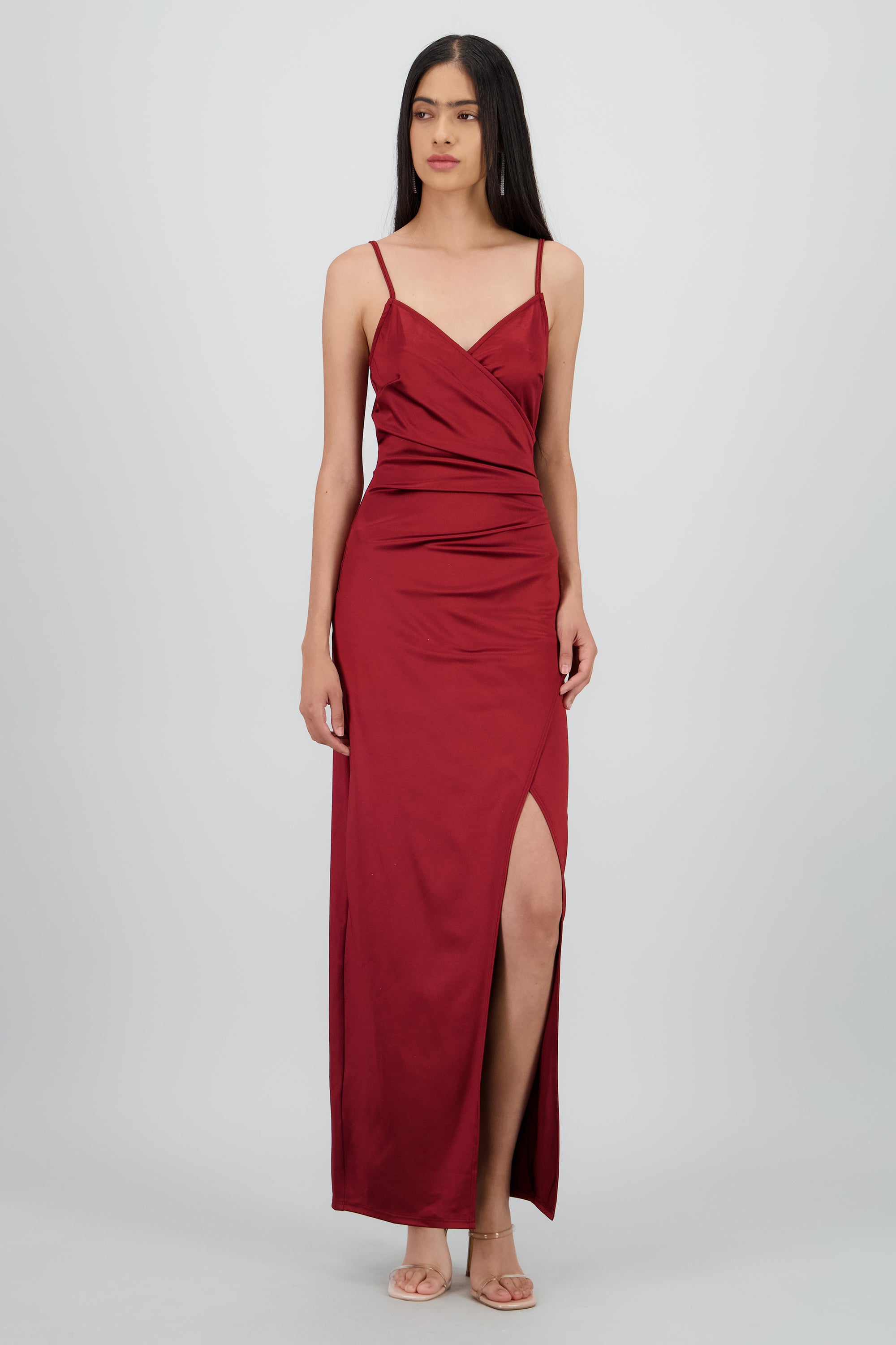 Vestido Maxi Satín Escote Cruzado ROJO QUEMADO