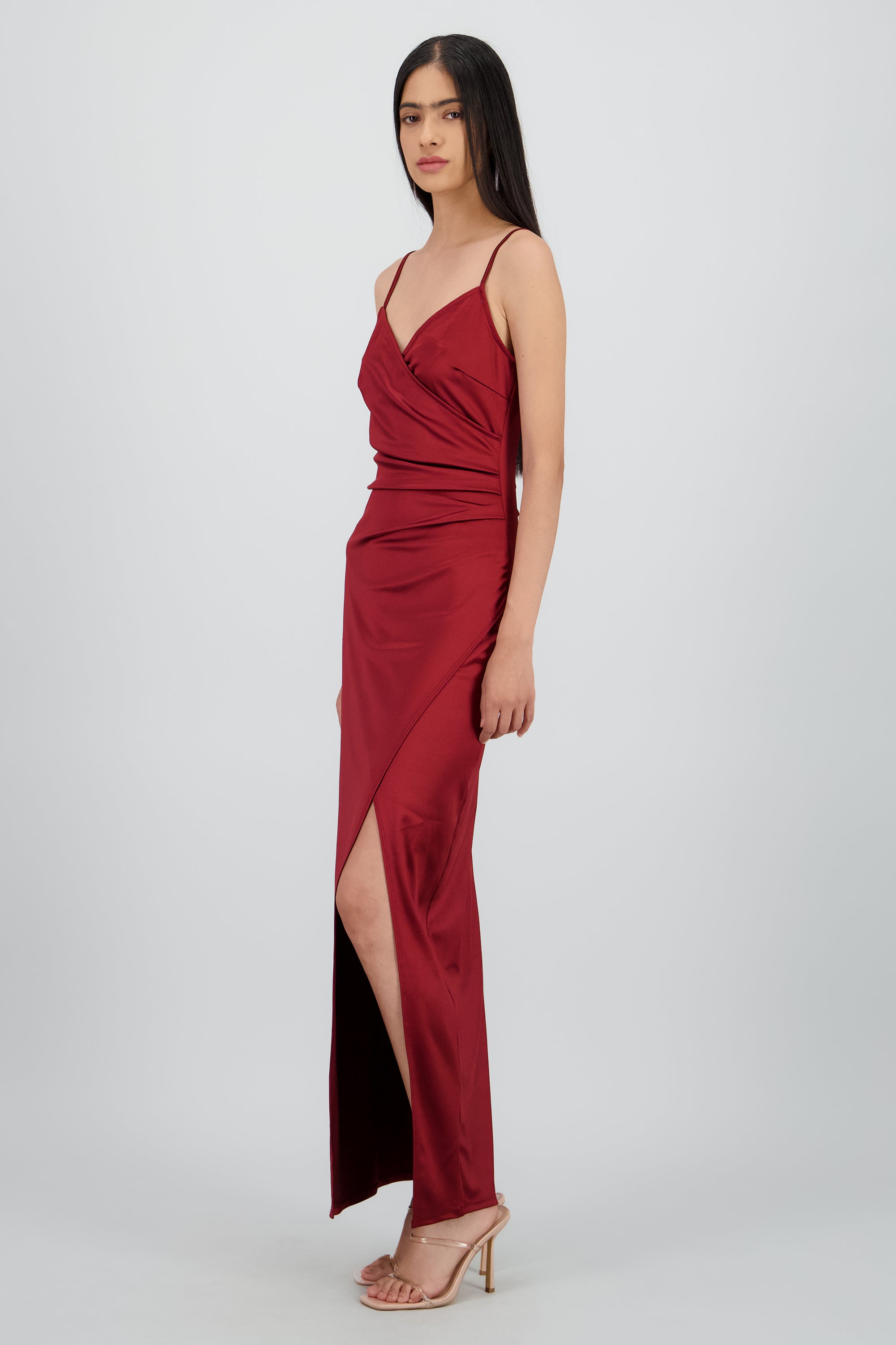 Vestido Maxi Satín Escote Cruzado ROJO QUEMADO