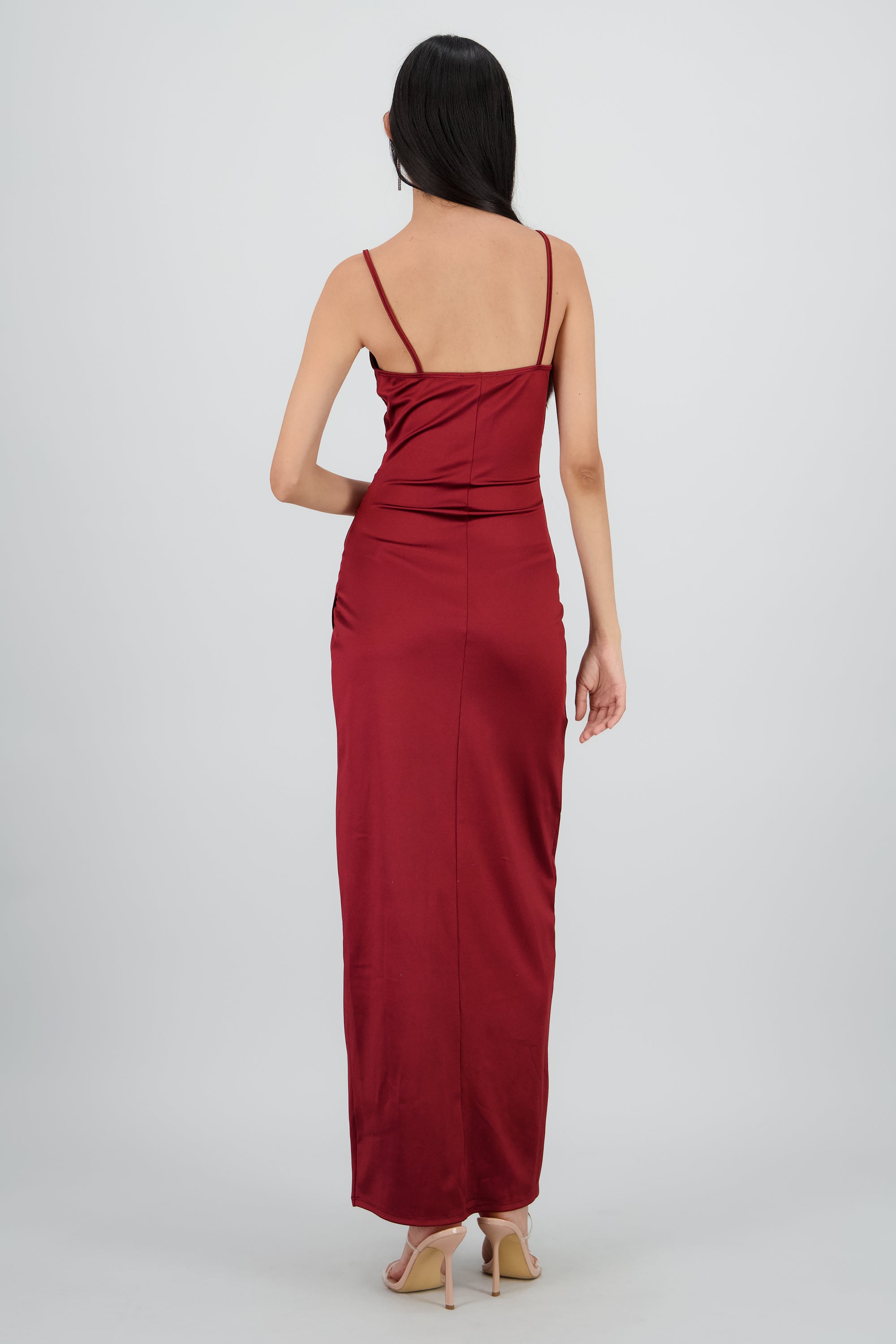 Vestido Maxi Satín Escote Cruzado ROJO QUEMADO