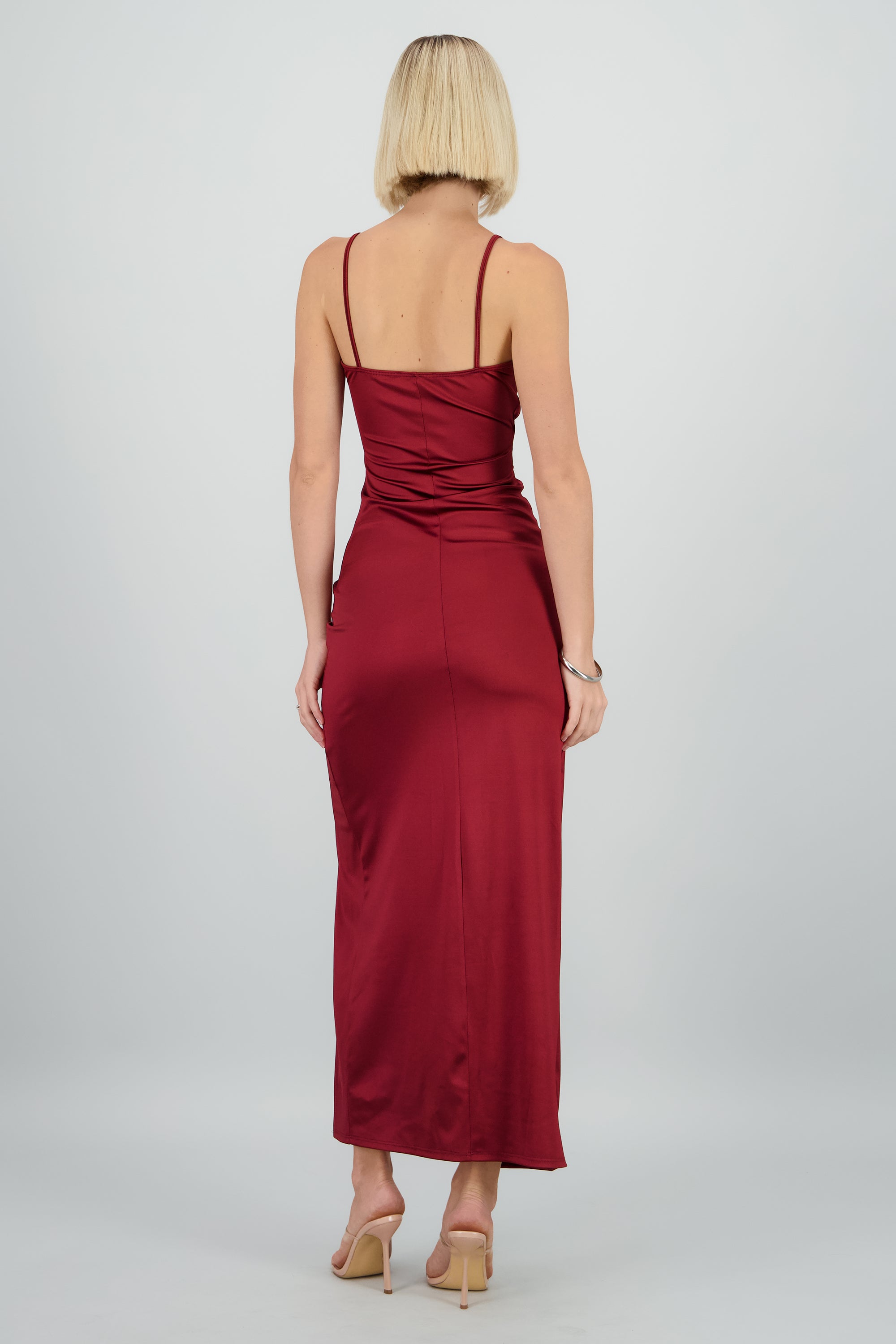 Vestido Maxi Satín Escote Cruzado ROJO QUEMADO