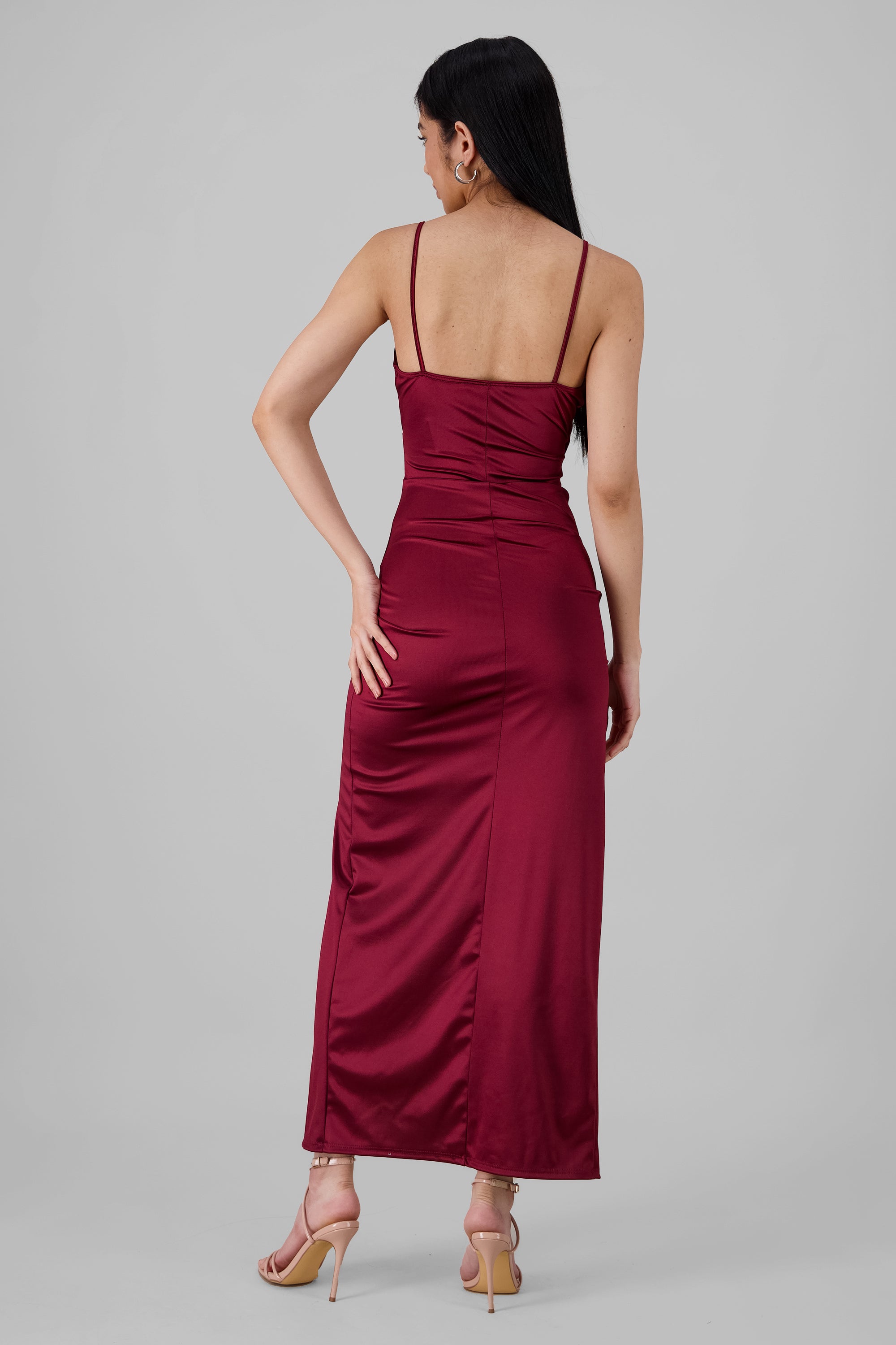 Vestido Maxi Satín Escote Cruzado ROJO QUEMADO