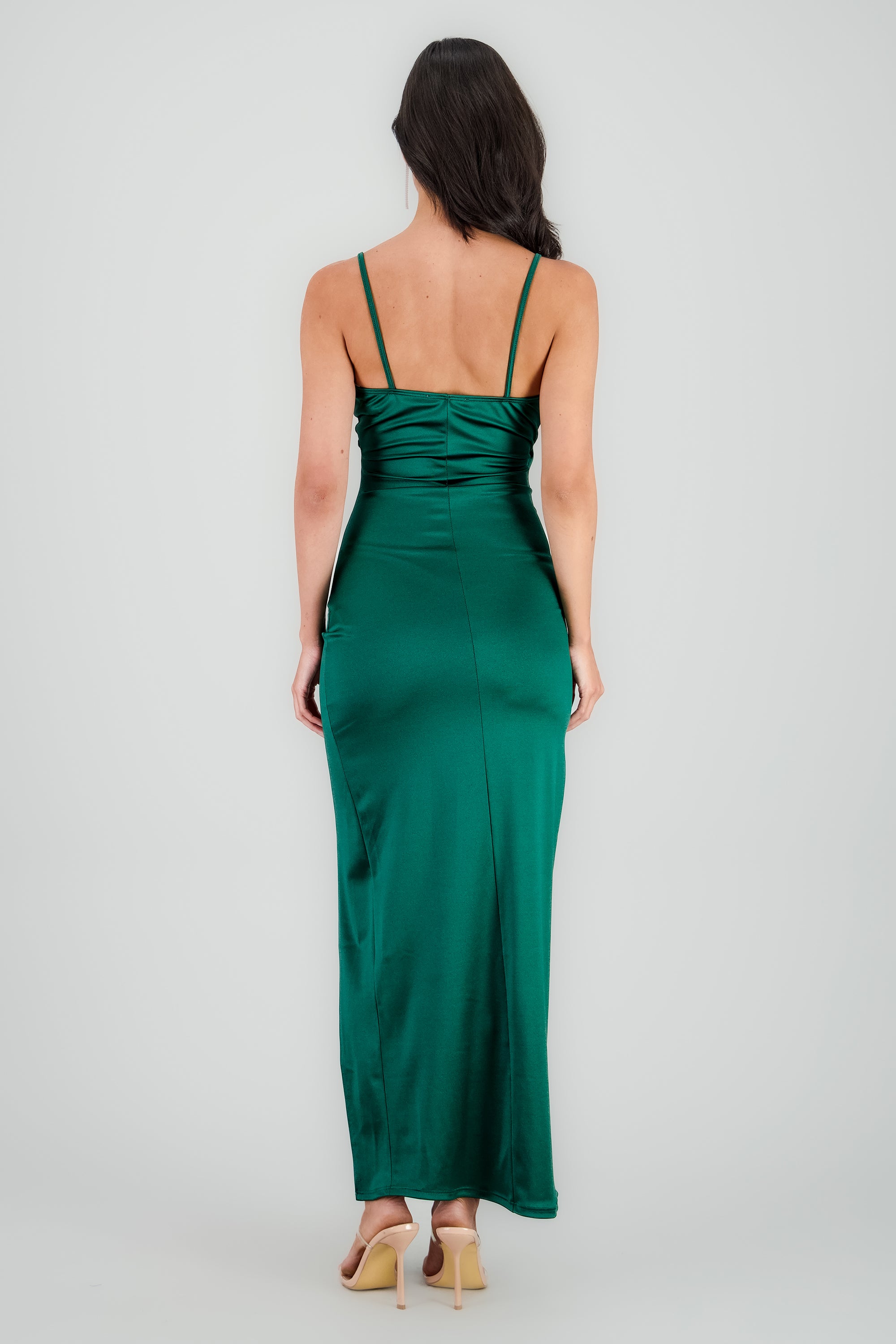 Vestido Maxi Satín Escote Cruzado VERDE CAZADOR