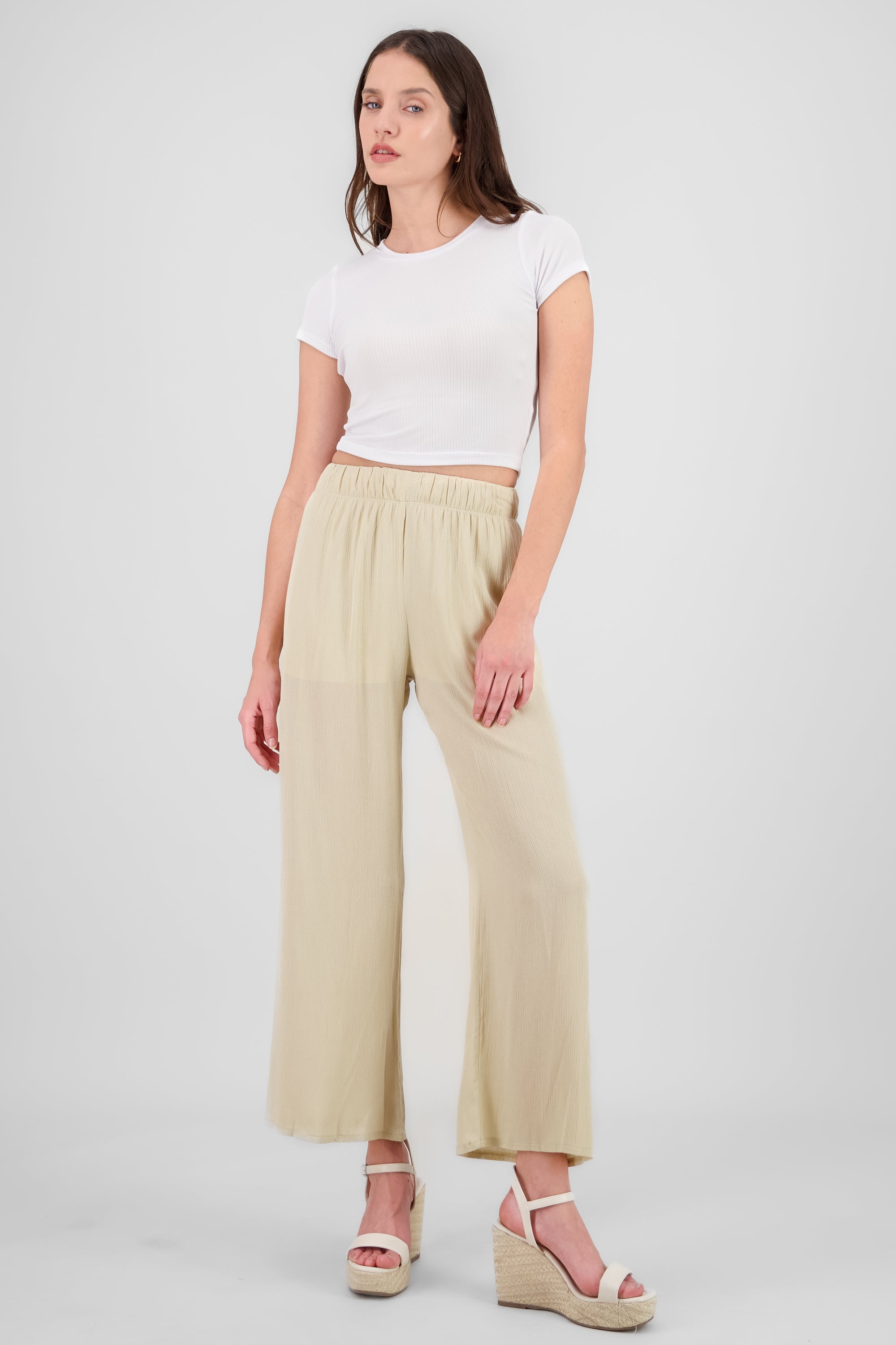 Pantalón Wide Leg Cintura Elástico BEIGE