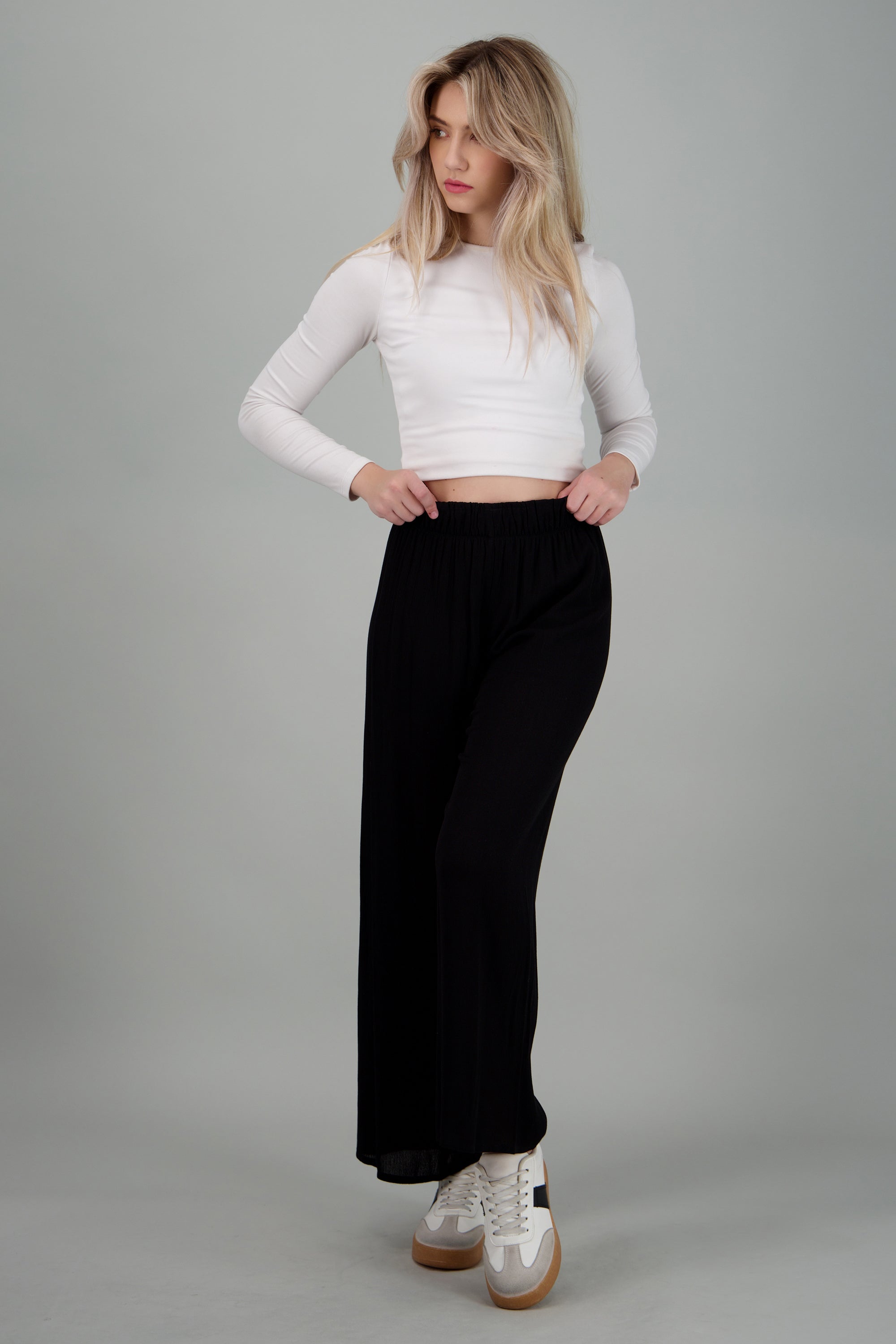 Pantalón Wide Leg Cintura Elástico NEGRO