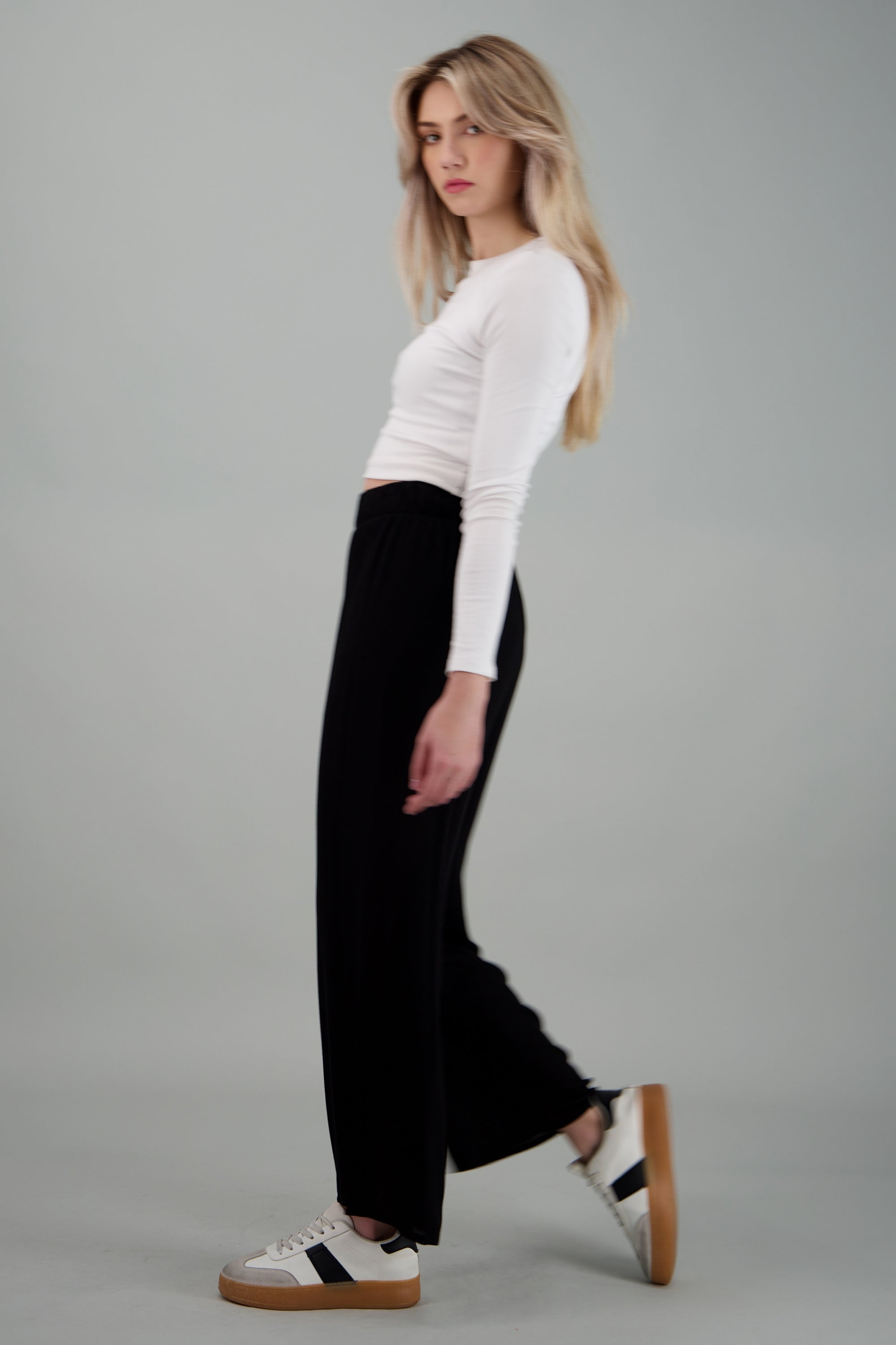 Pantalón Wide Leg Cintura Elástico NEGRO