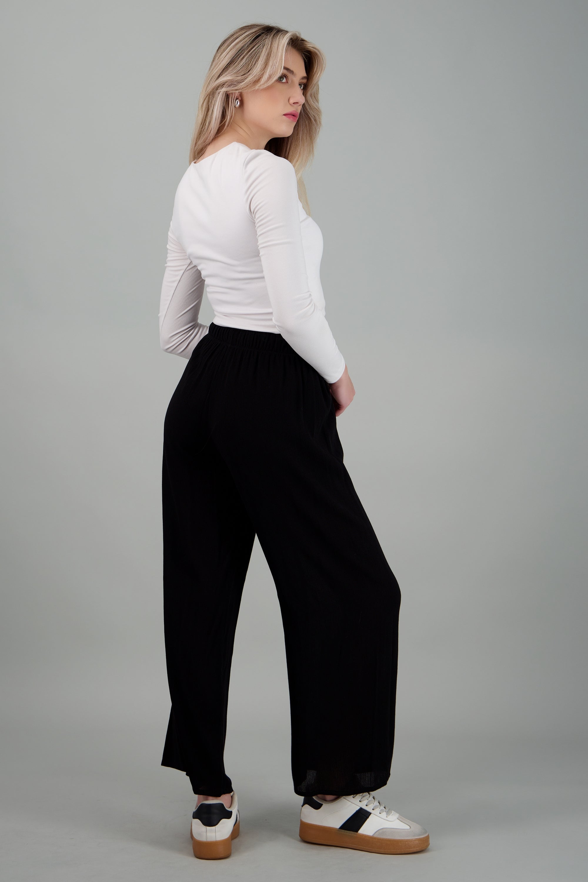 Pantalón Wide Leg Cintura Elástico NEGRO