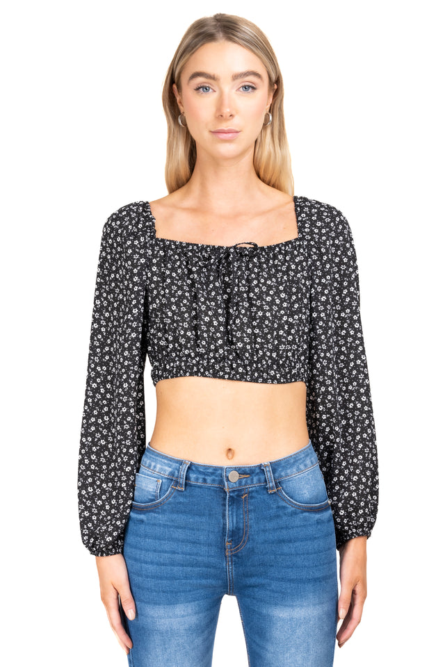 Top crop manga larga flores