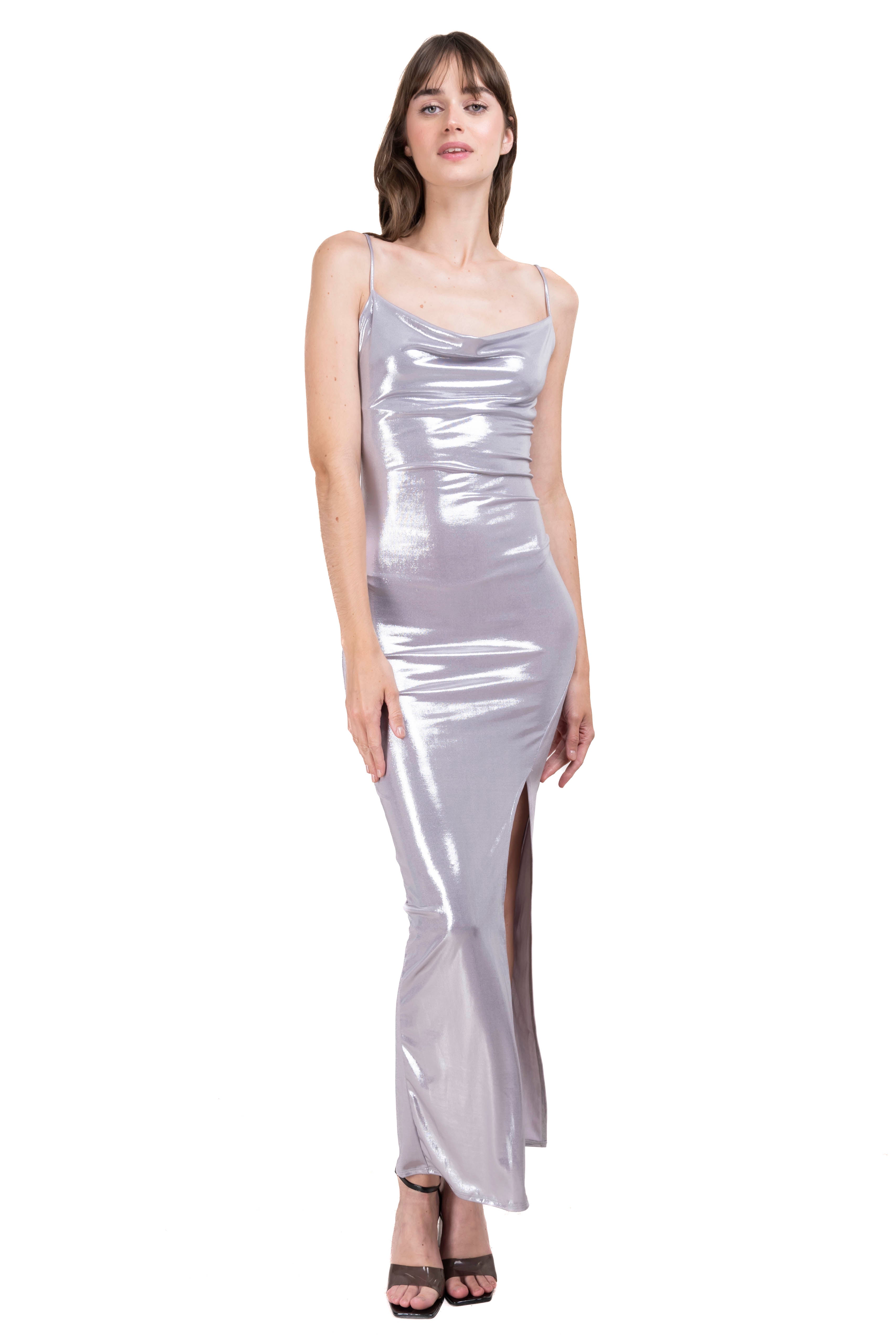 Vestido maxi escote drapeado PLATA