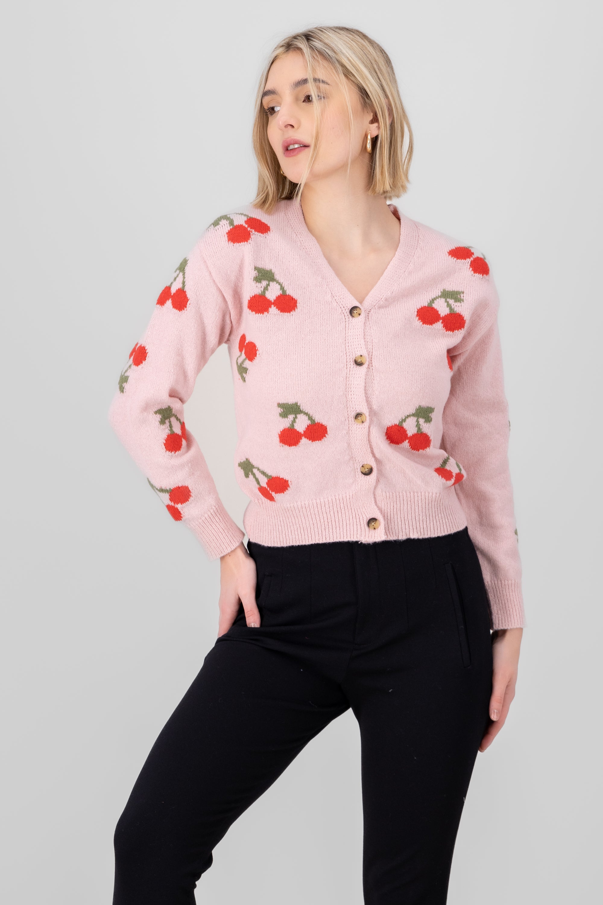 Cardigan Botones Detalle Cerezas ROSA COMBO