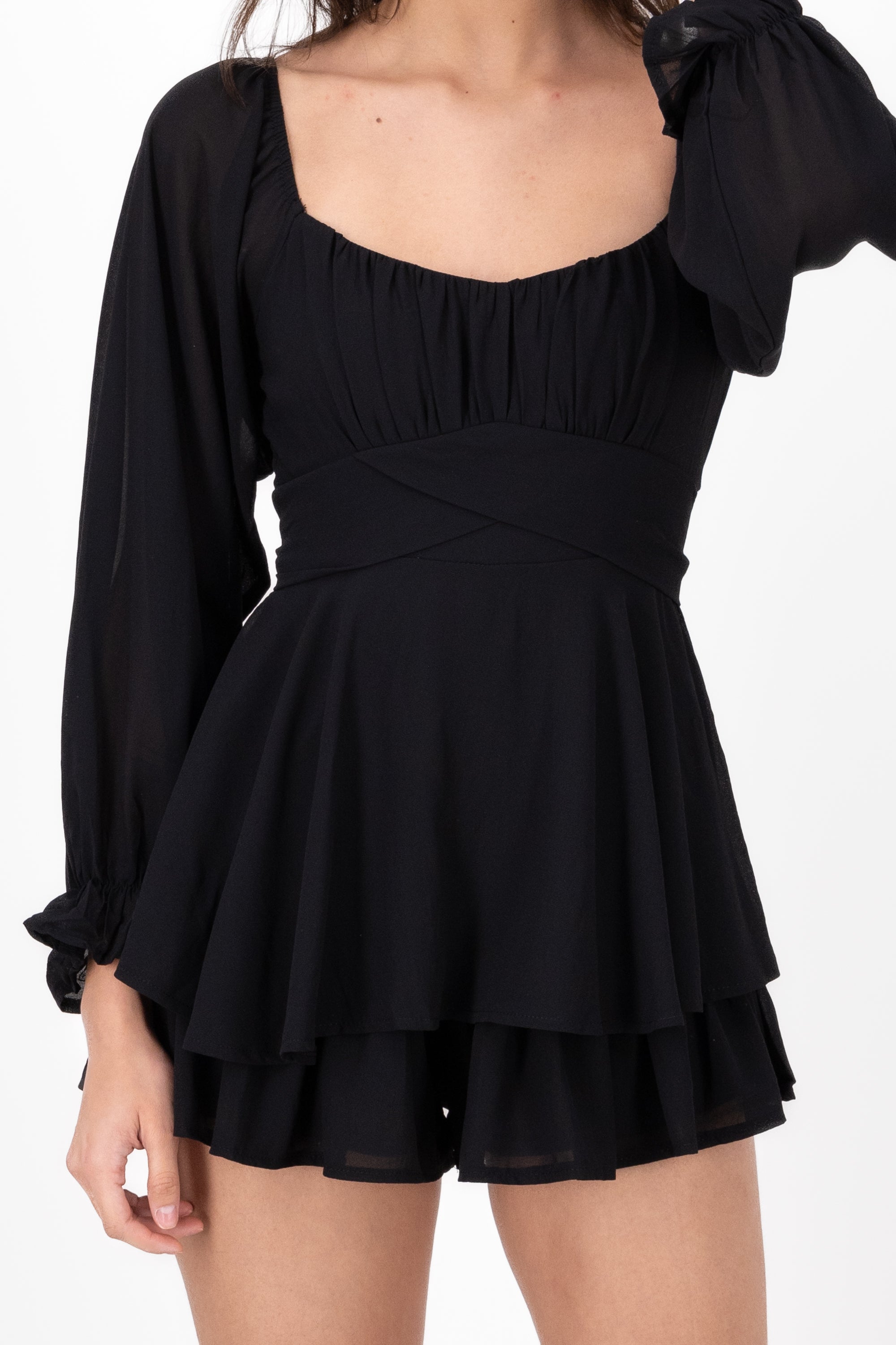 Vestido mini manga larga mesh NEGRO