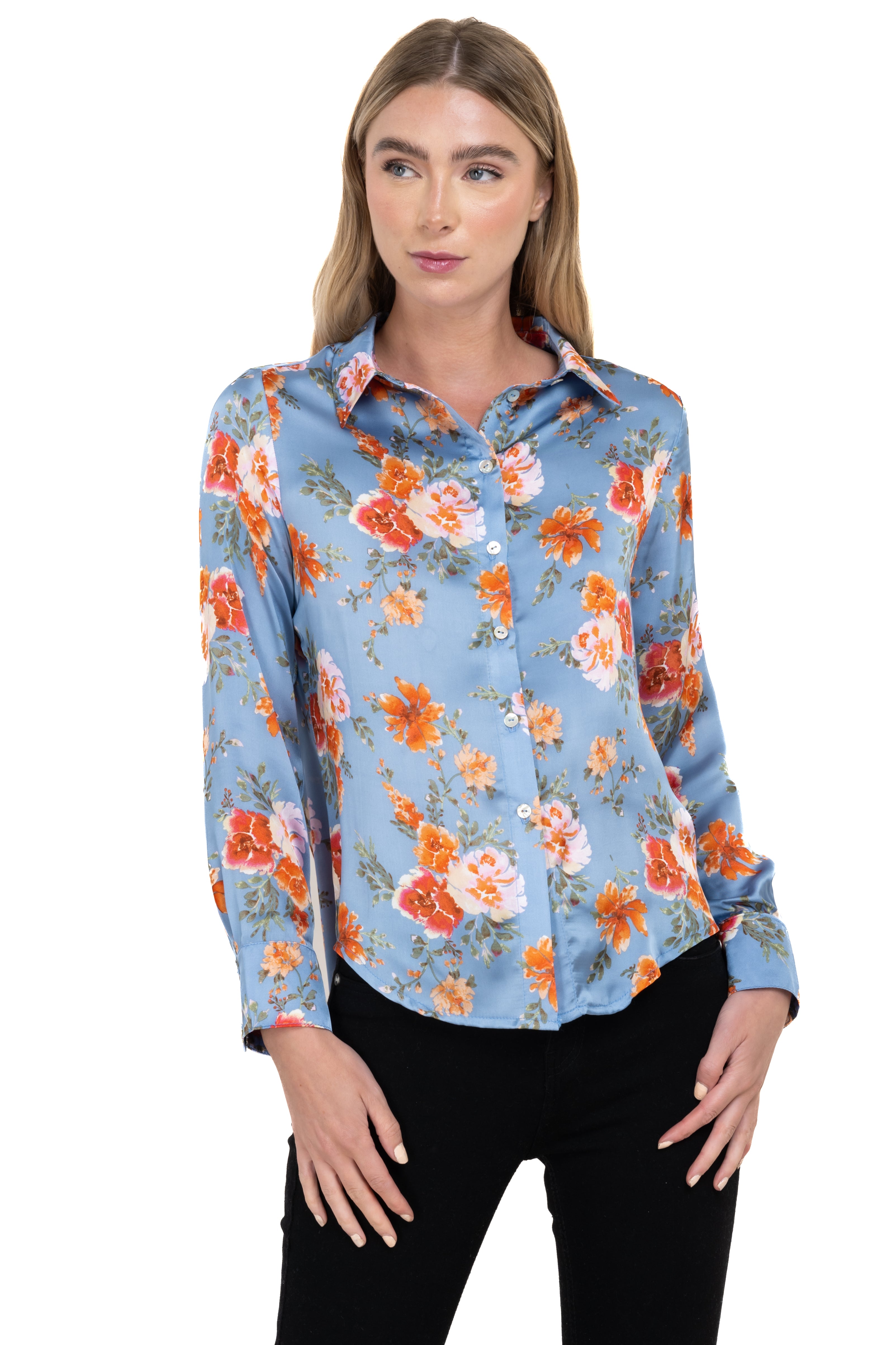 Camisa satín flores lisa AZUL COMBO