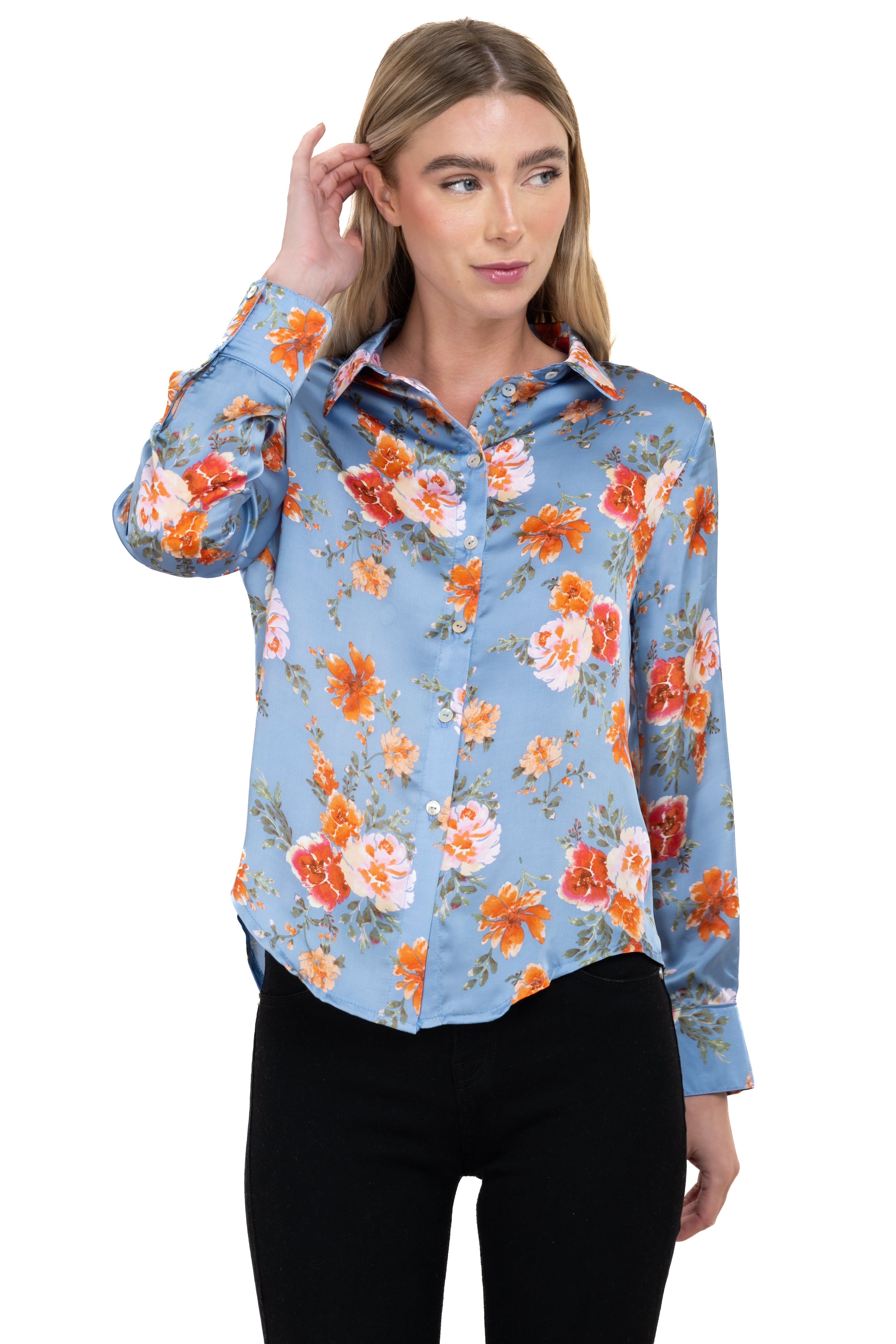 Camisa satín flores lisa AZUL COMBO